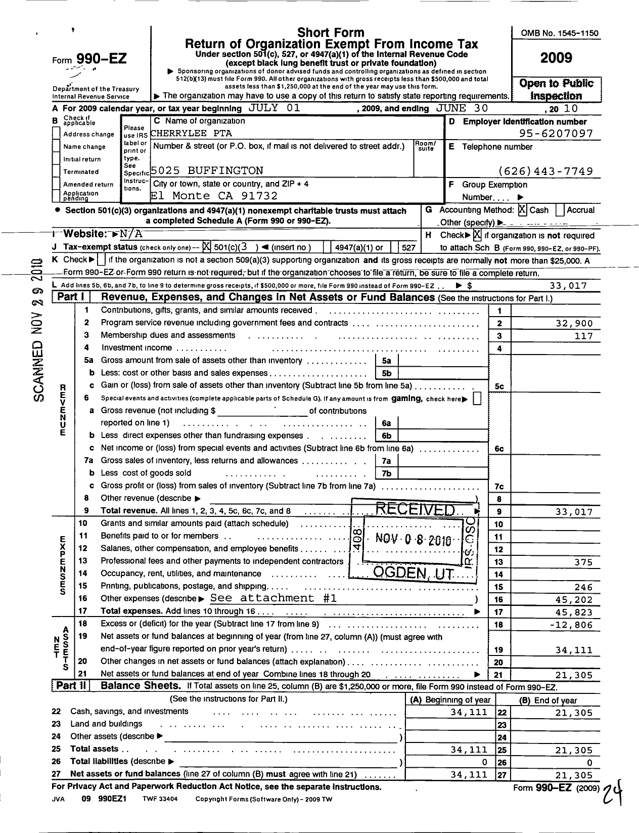 Image of first page of 2009 Form 990EZ for California State PTA - Cherrylee Elementary School PTA