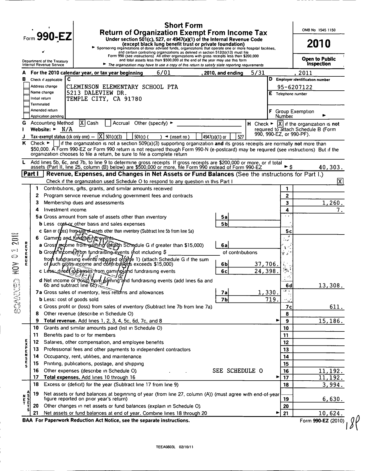 Image of first page of 2010 Form 990EZ for California State PTA - Cleminson Elementary School PTA