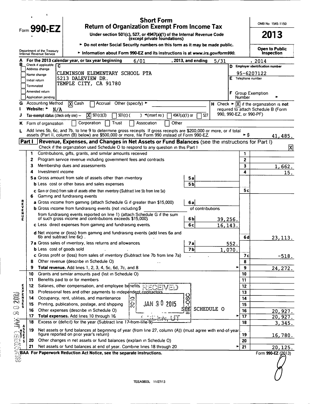 Image of first page of 2013 Form 990EZ for California State PTA - Cleminson Elementary School PTA