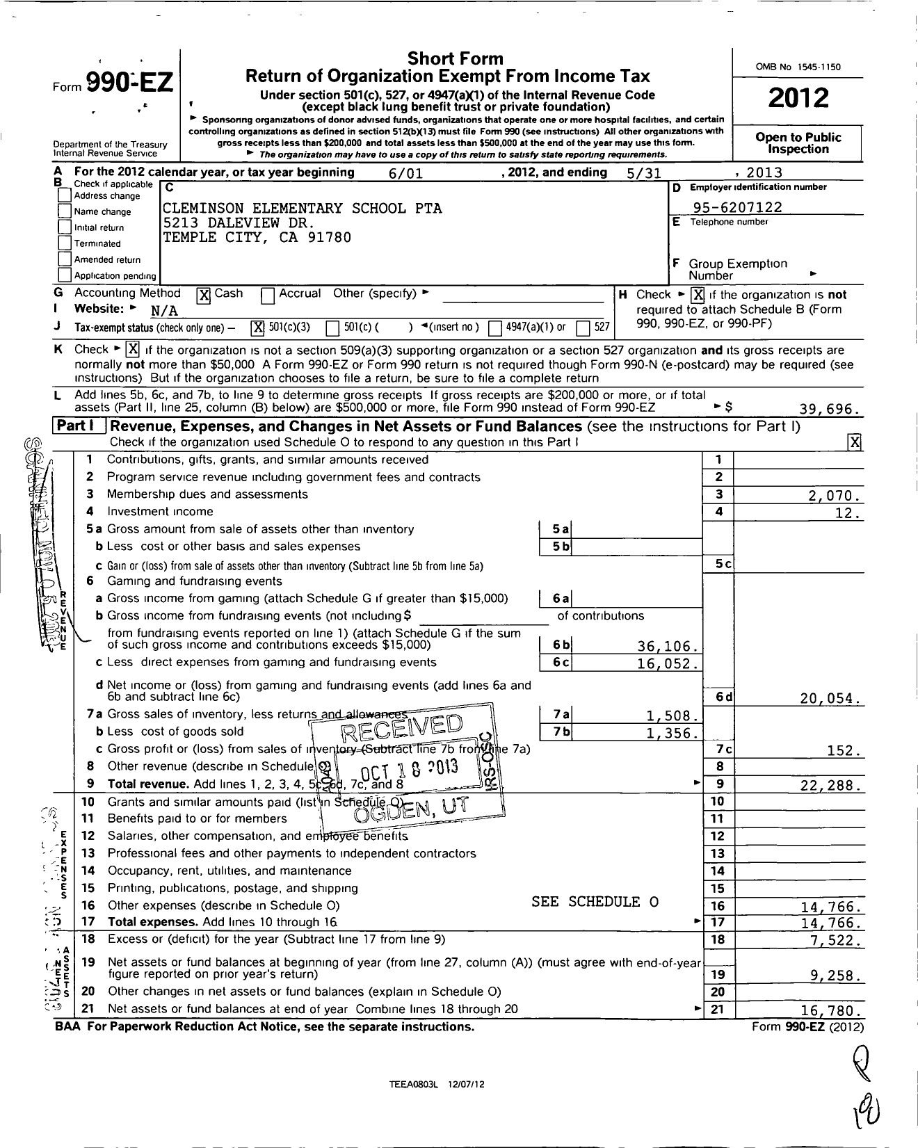 Image of first page of 2012 Form 990EZ for California State PTA - Cleminson Elementary School PTA