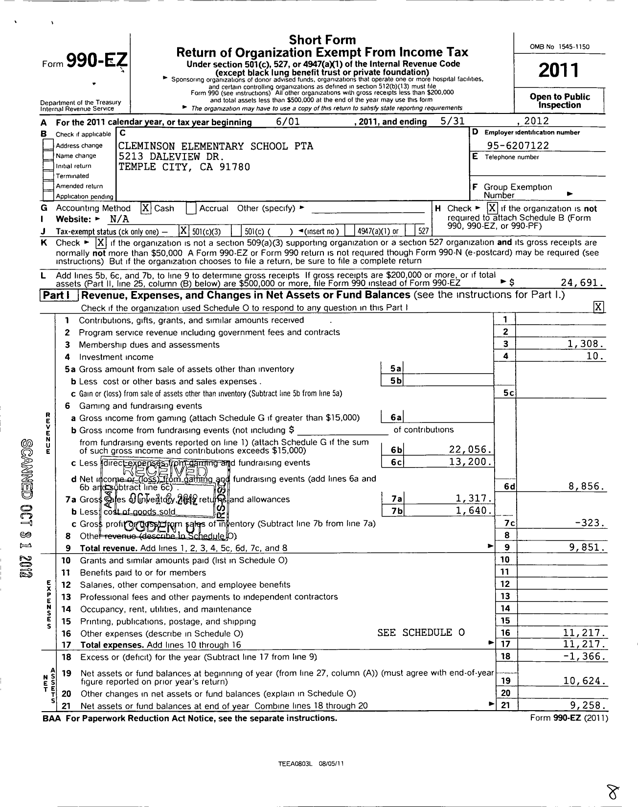 Image of first page of 2011 Form 990EZ for California State PTA - Cleminson Elementary School PTA