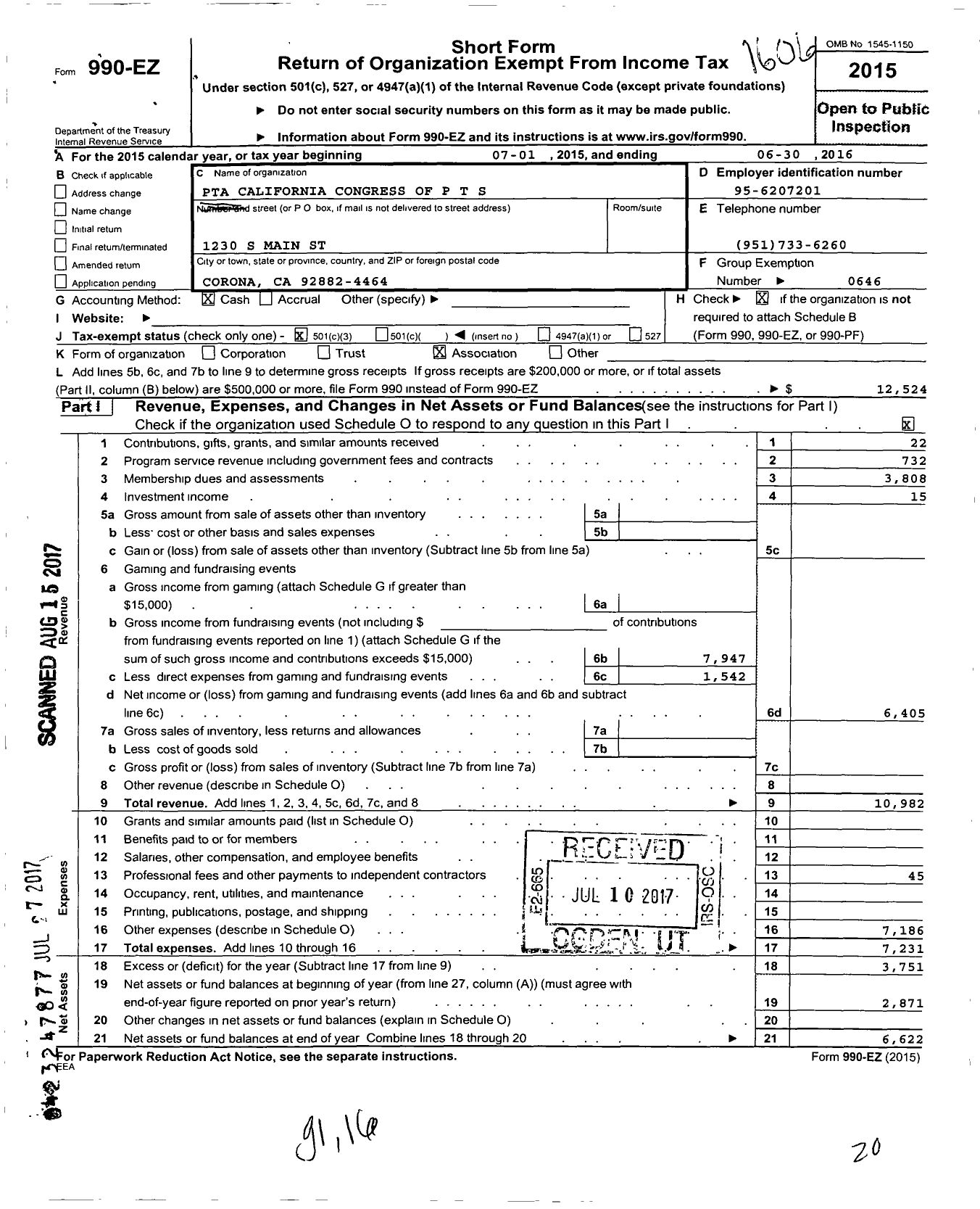 Image of first page of 2015 Form 990EZ for California State PTA - Corona Fundamental Intermediate PTS