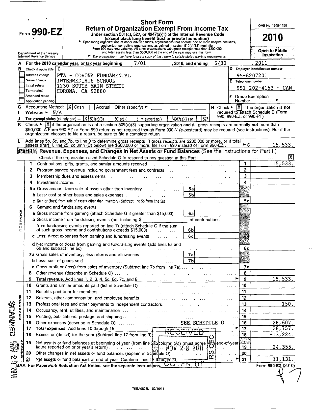 Image of first page of 2010 Form 990EZ for California State PTA - Corona Fundamental Intermediate PTS