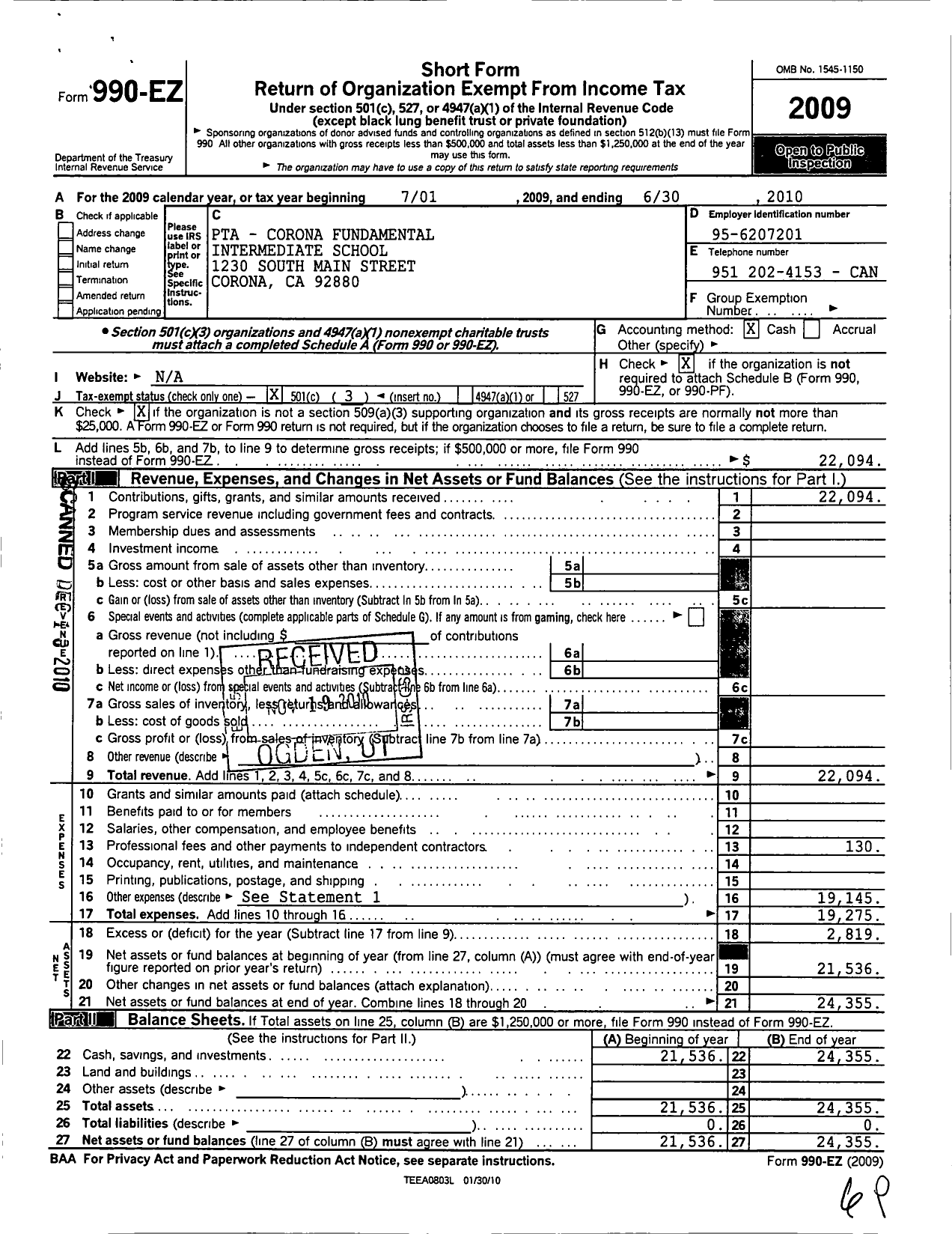 Image of first page of 2009 Form 990EZ for California State PTA - Corona Fundamental Intermediate PTS