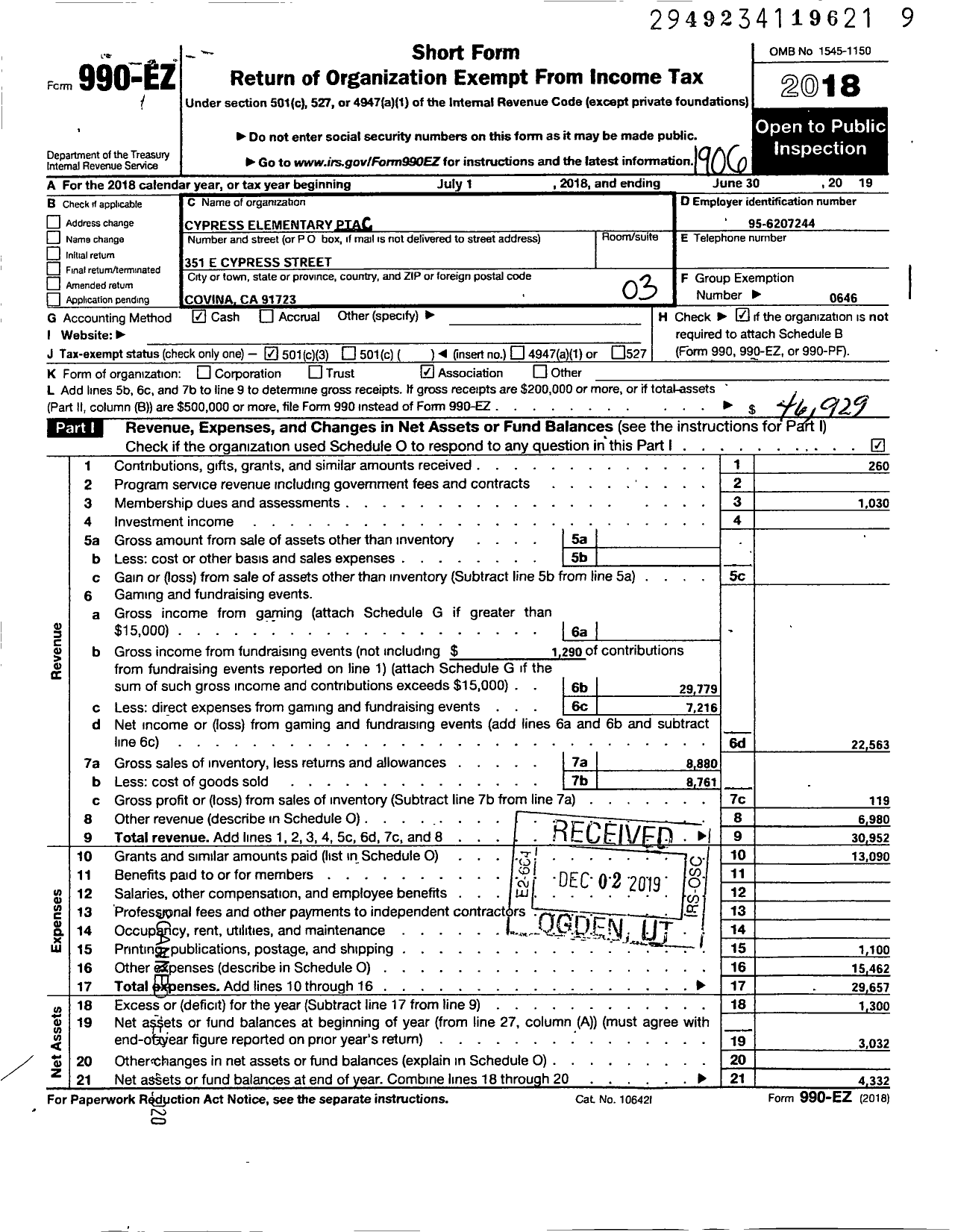 Image of first page of 2018 Form 990EZ for California State PTA - Cypress Elementary School PTA