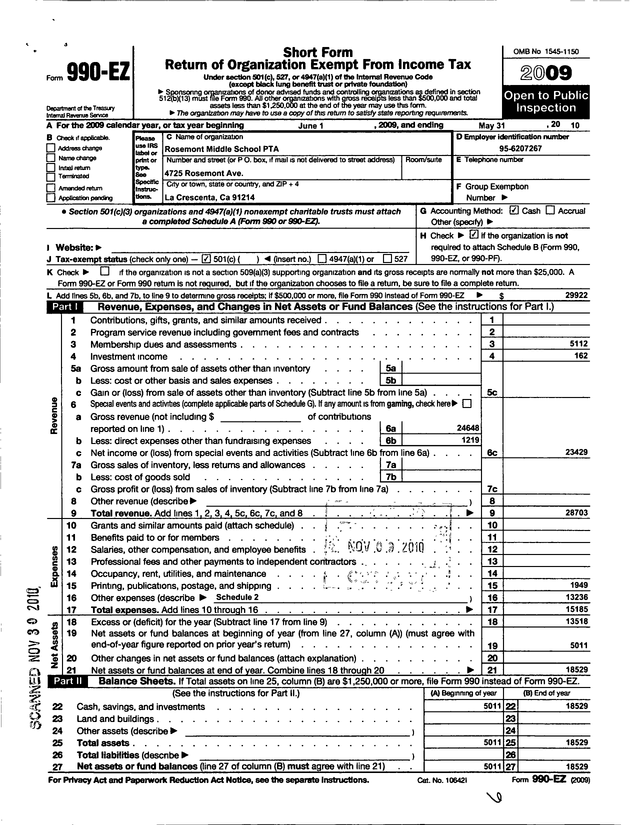 Image of first page of 2009 Form 990EO for California State PTA - Rosemont Middle School PTA