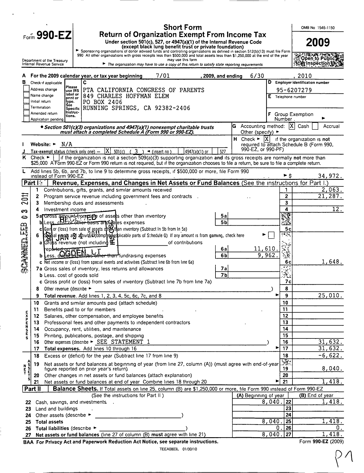 Image of first page of 2009 Form 990EZ for California State PTA - Charles Hoffman Elementary PTA