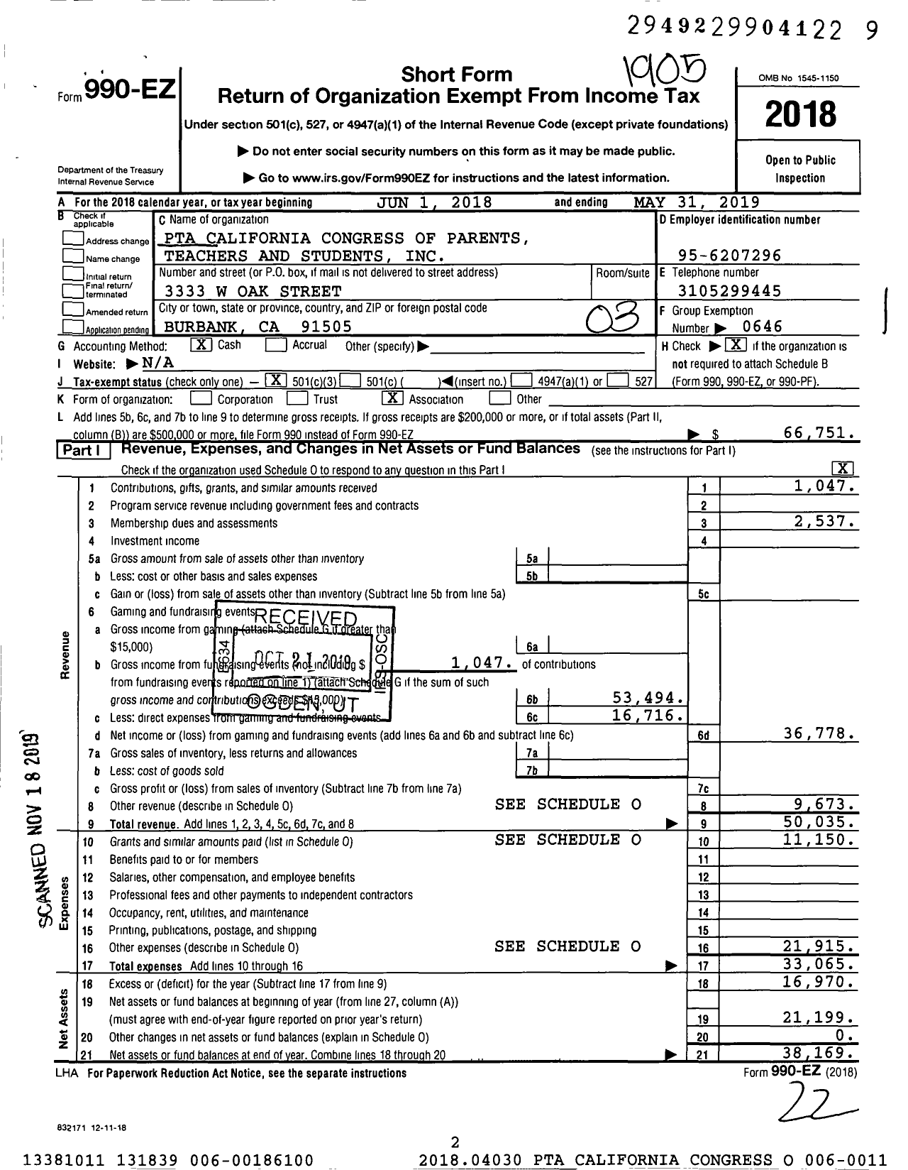 Image of first page of 2018 Form 990EZ for California State PTA - Robert Louis Stevenson Elem PTA