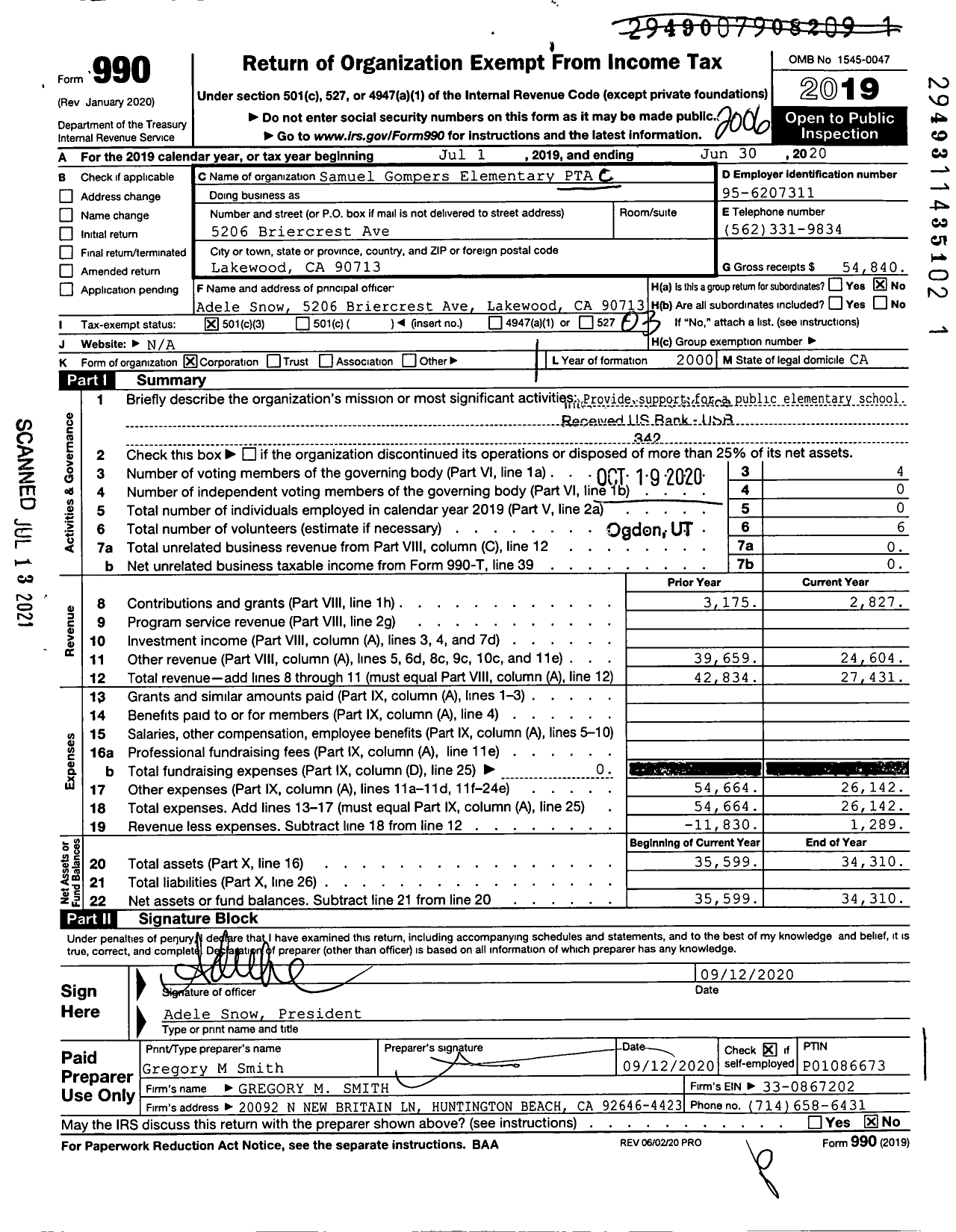 Image of first page of 2019 Form 990 for California State PTA - Samuel Gompers Elementary PTA