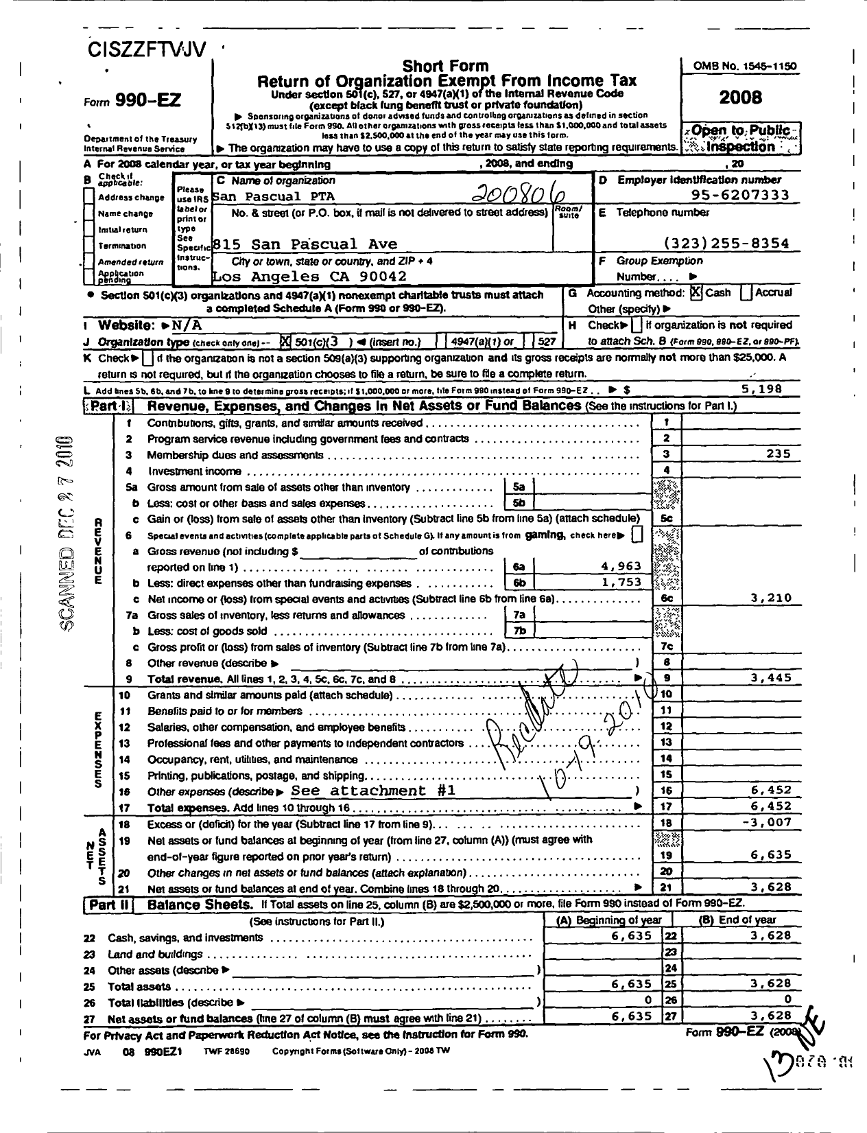 Image of first page of 2007 Form 990EZ for California State PTA - San Pascual Steam Magnet PTA