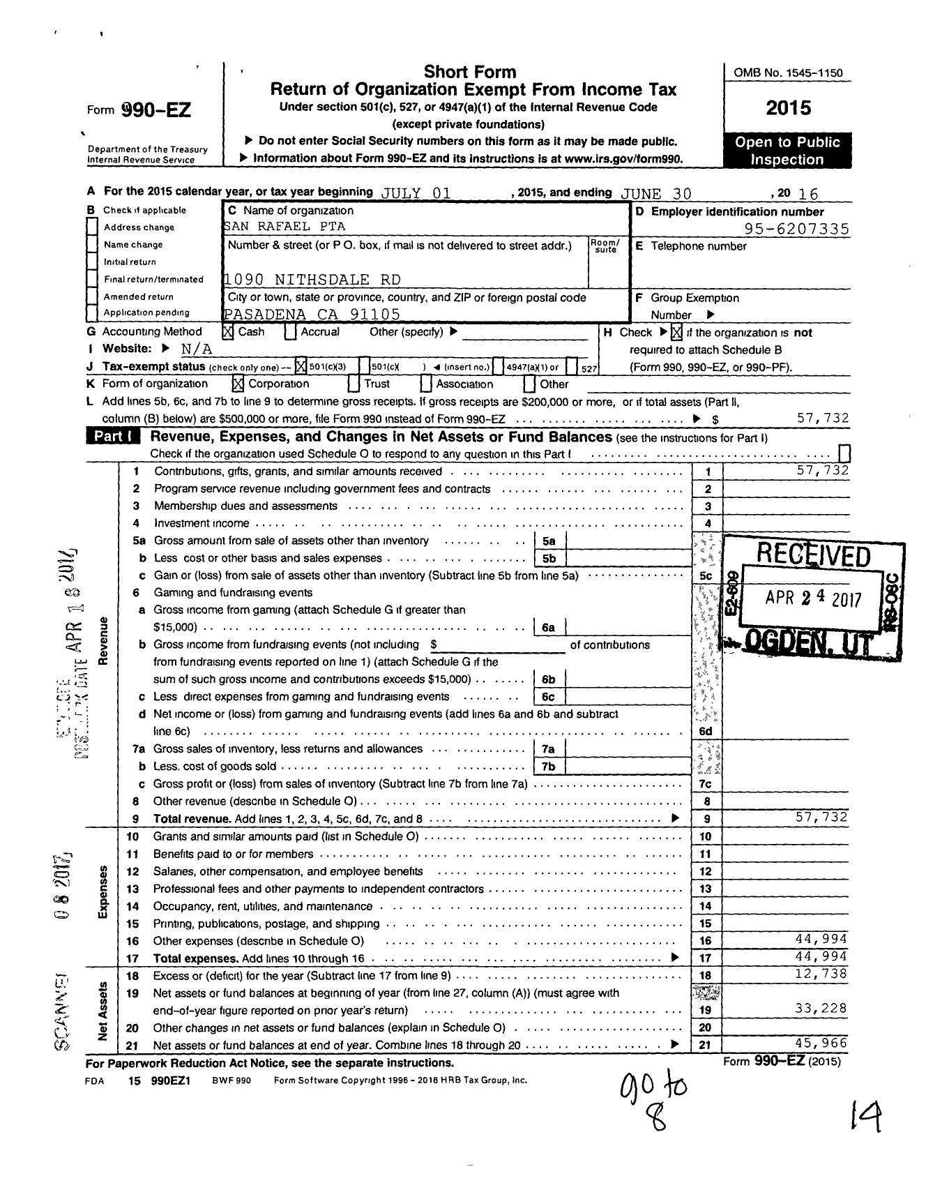 Image of first page of 2015 Form 990EZ for California State PTA - San Rafael Elementary PTA