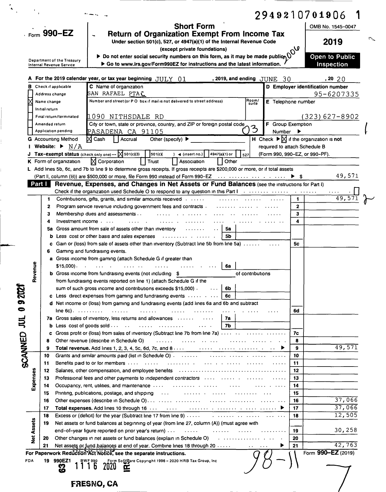 Image of first page of 2019 Form 990EZ for California State PTA - San Rafael Elementary PTA