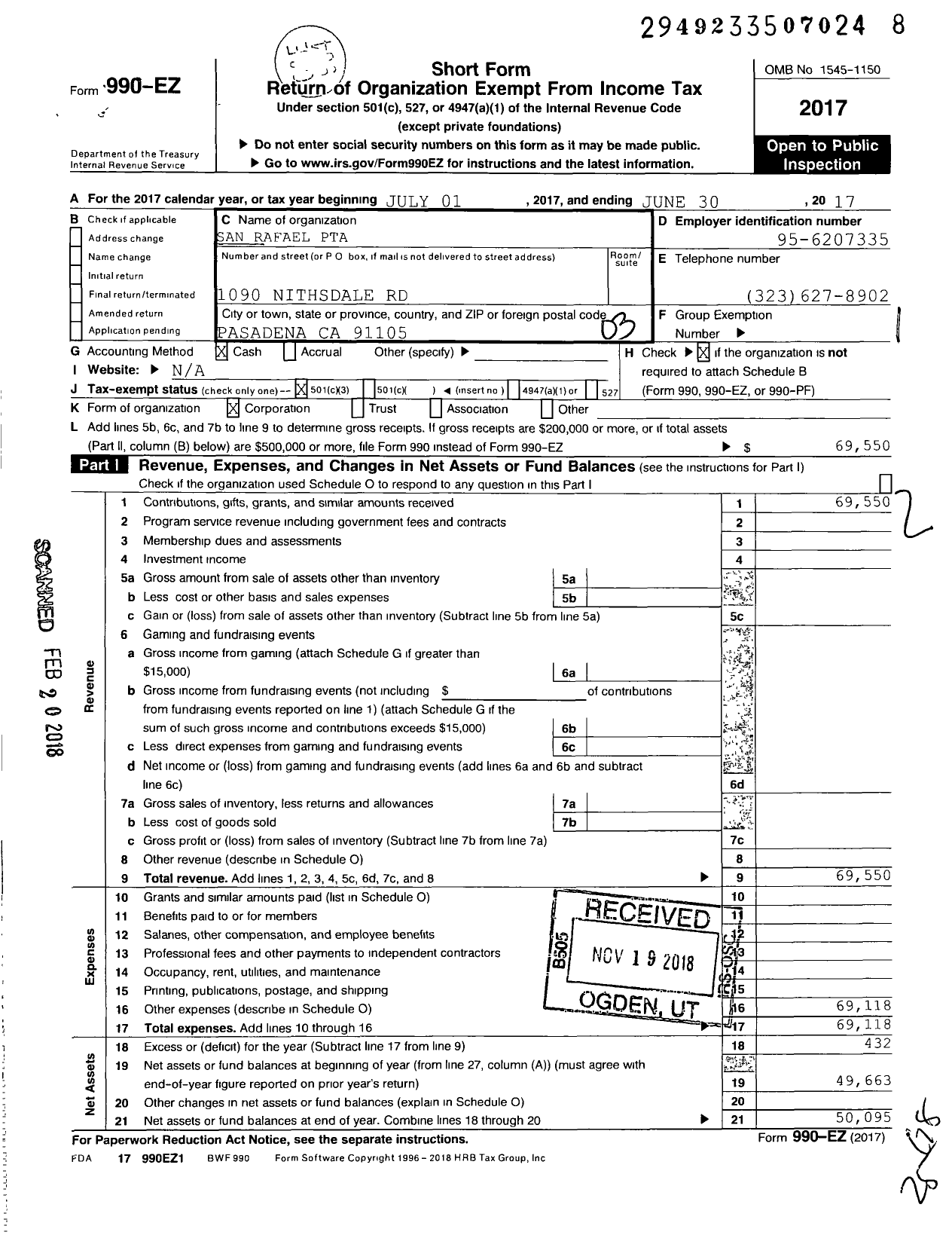 Image of first page of 2016 Form 990EZ for California State PTA - San Rafael Elementary PTA