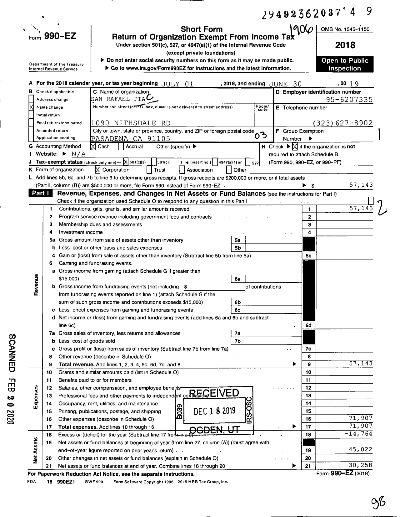 Image of first page of 2018 Form 990EZ for California State PTA - San Rafael Elementary PTA