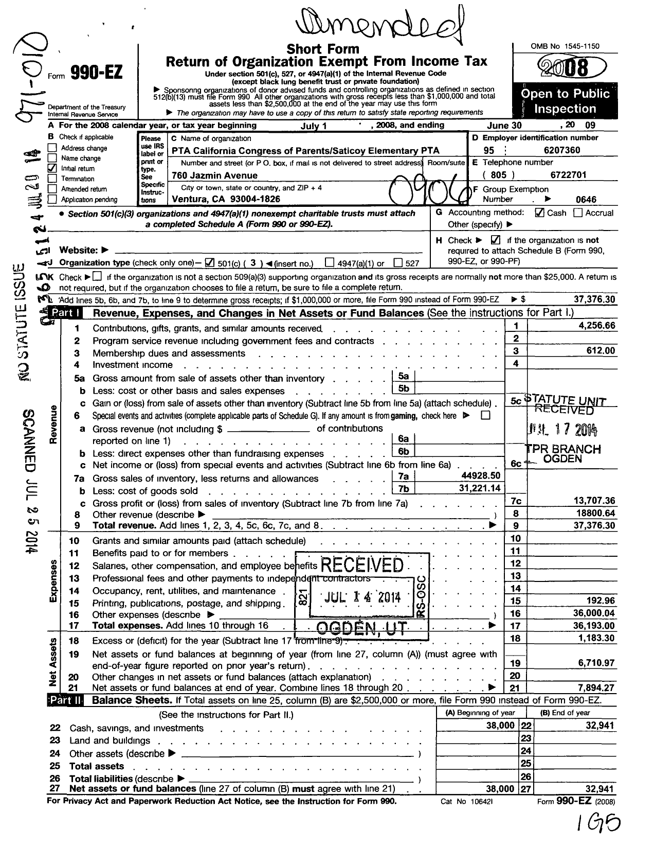 Image of first page of 2008 Form 990EZ for California State PTA - Atlas-Academy of Tech & Lead PTA