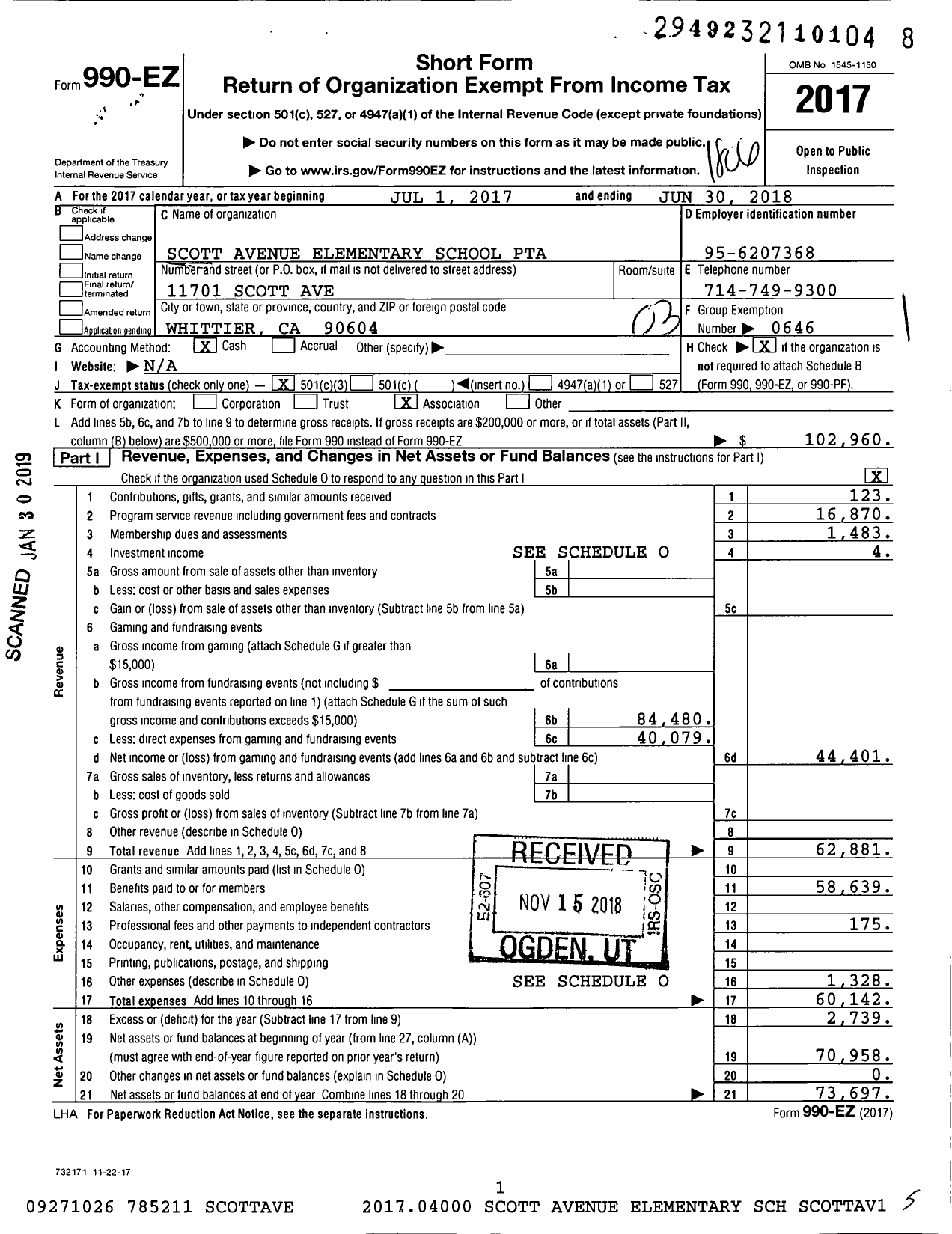 Image of first page of 2017 Form 990EZ for California State PTA - Scott Avenue Elementary PTA