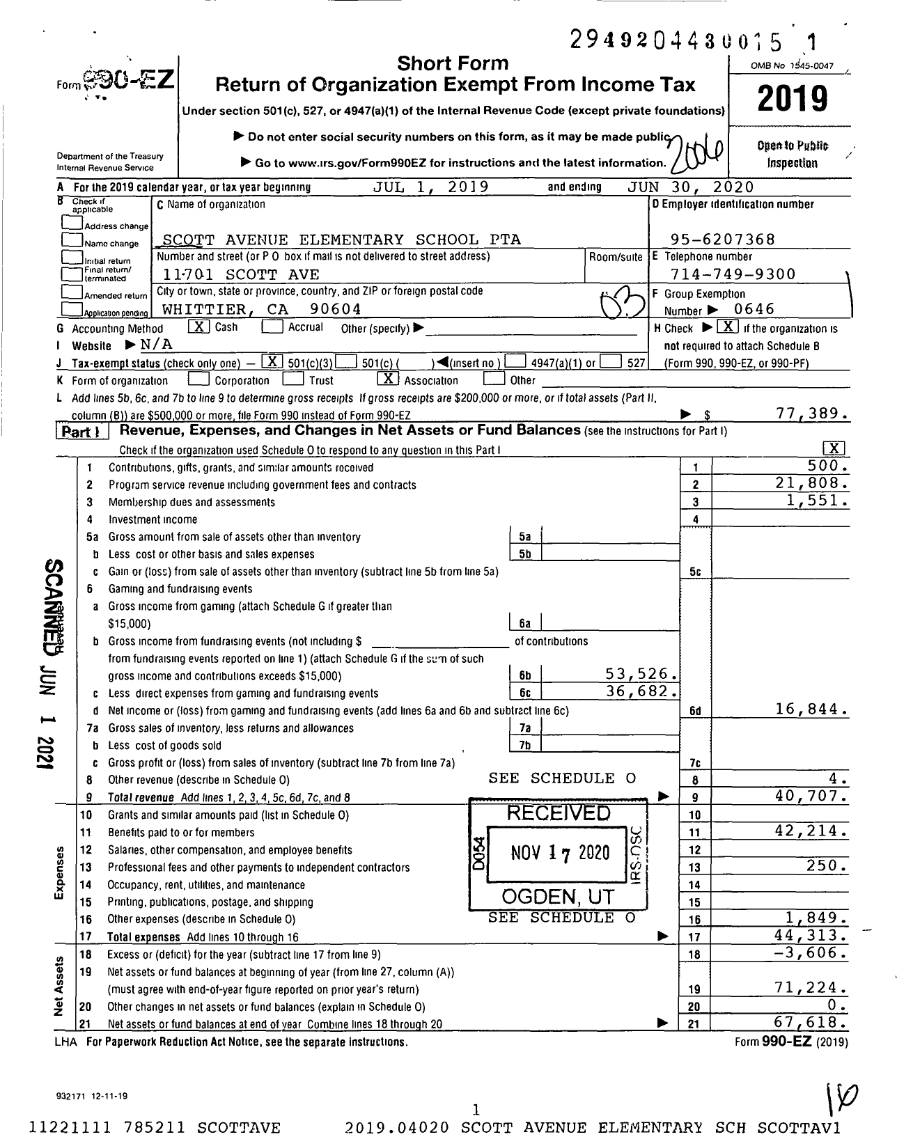 Image of first page of 2019 Form 990EZ for California State PTA - Scott Avenue Elementary PTA