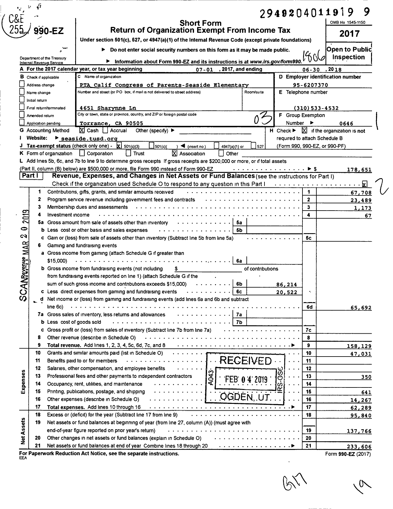 Image of first page of 2017 Form 990EZ for California State PTA - Seaside Elementary School PTA