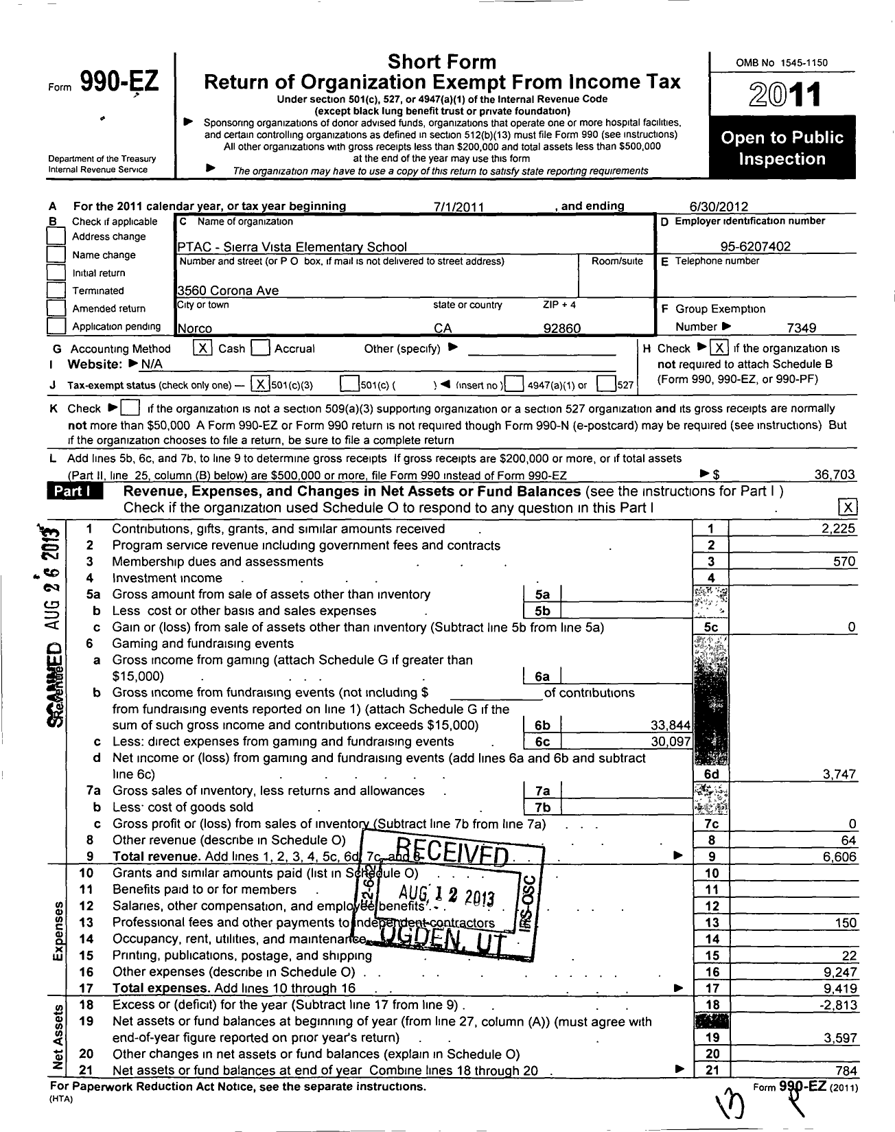 Image of first page of 2011 Form 990EZ for California State PTA - Sierra Vista Elementary PTA