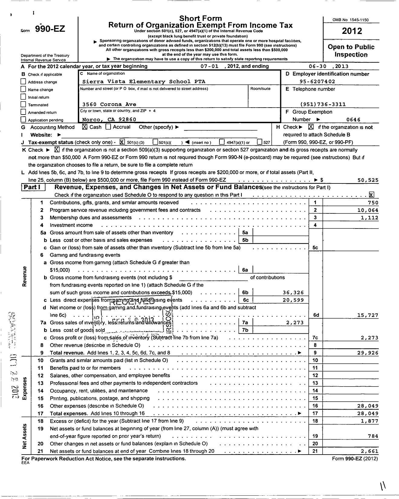 Image of first page of 2012 Form 990EZ for California State PTA - Sierra Vista Elementary PTA