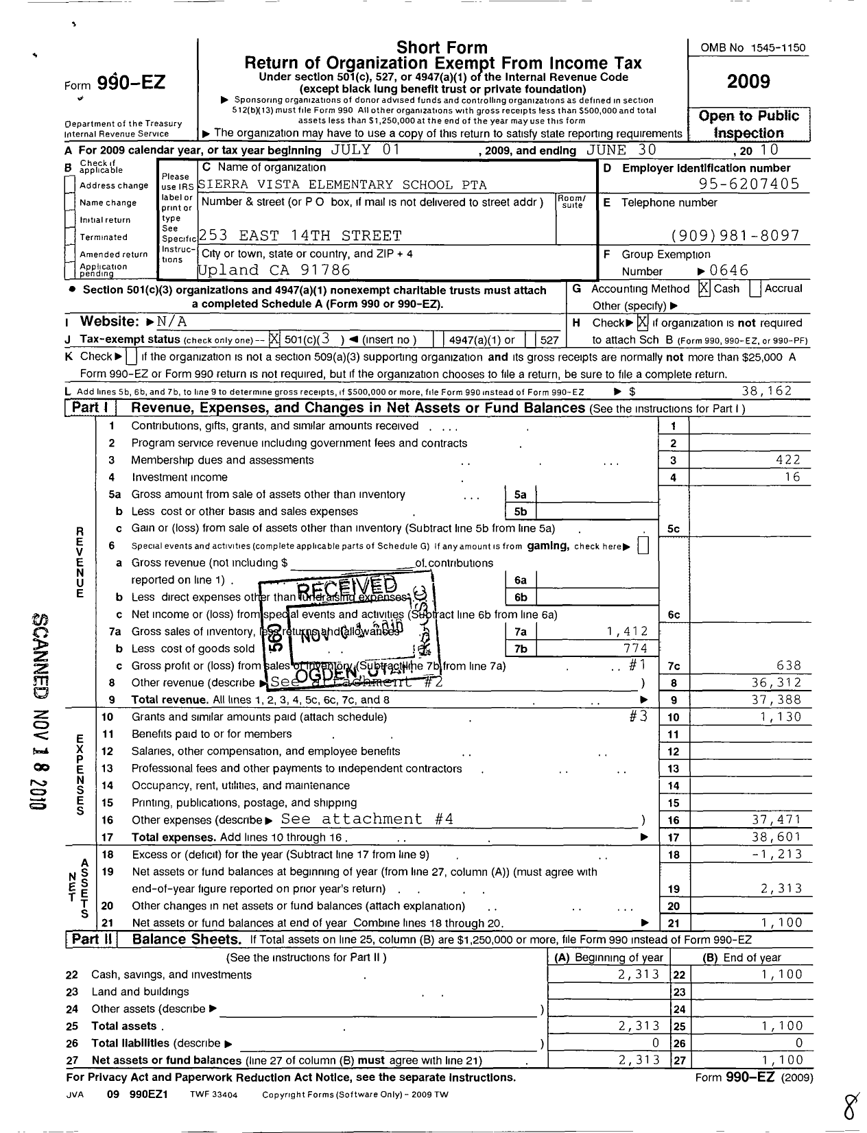 Image of first page of 2009 Form 990EZ for California State PTA - Sierra Vista Elementary PTA