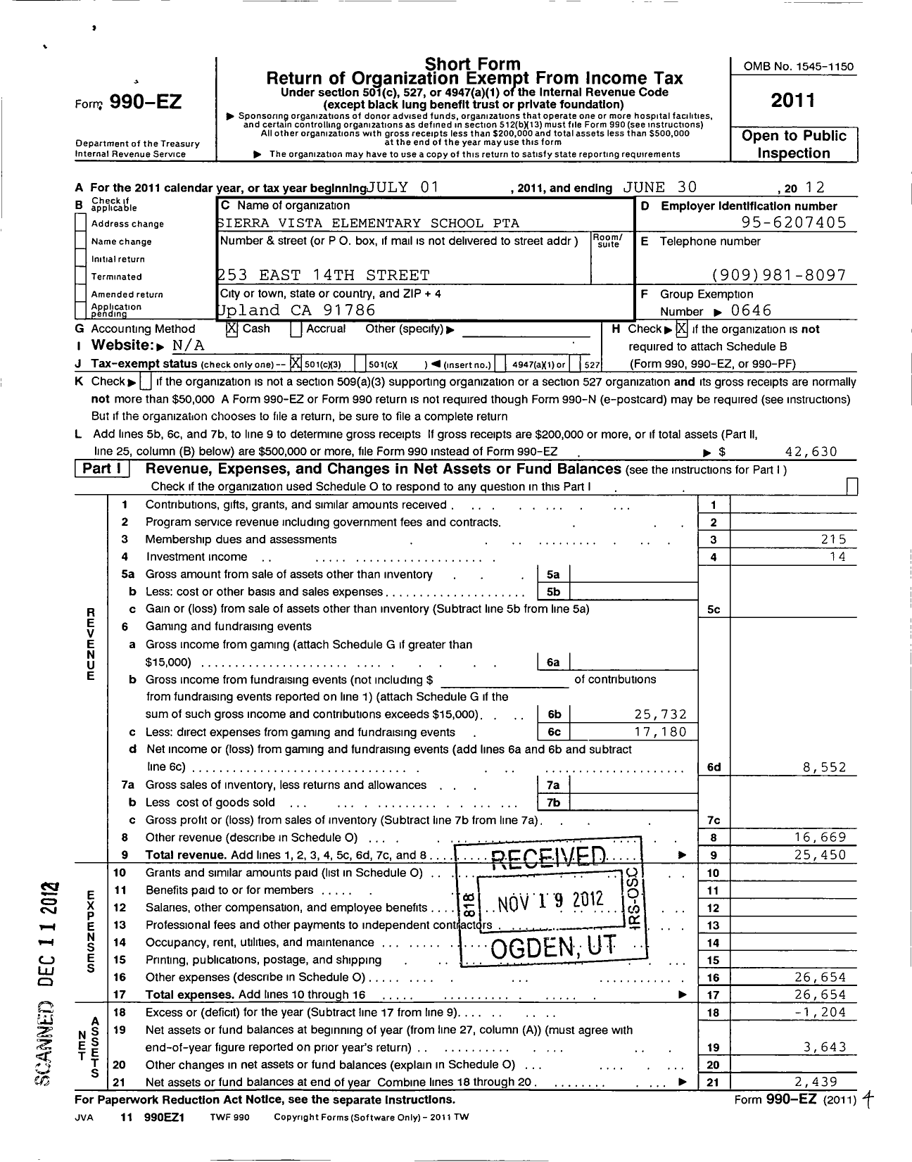 Image of first page of 2011 Form 990EZ for California State PTA - Sierra Vista Elementary PTA