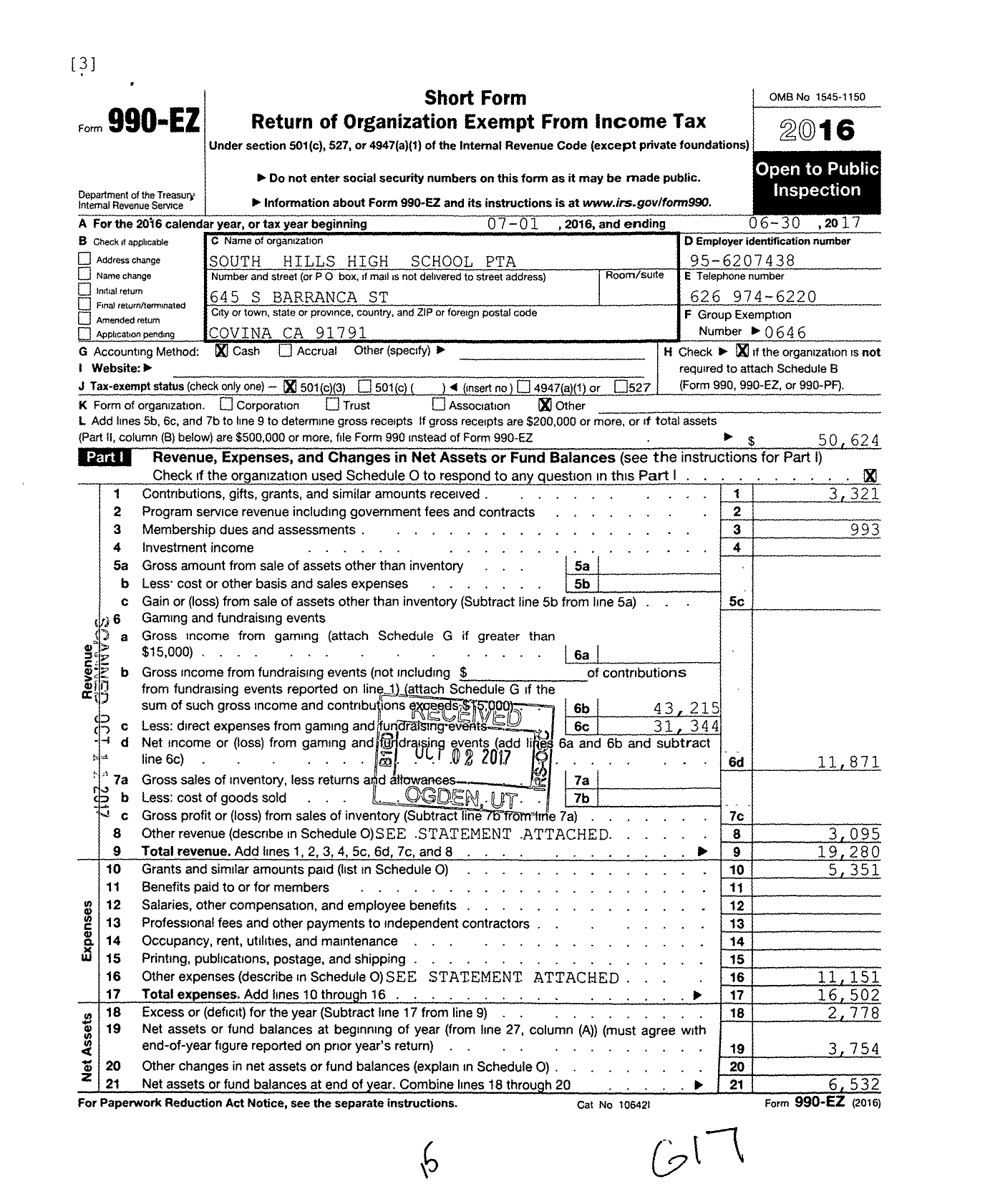 Image of first page of 2016 Form 990EZ for California State PTA - South Hills High Ptsa