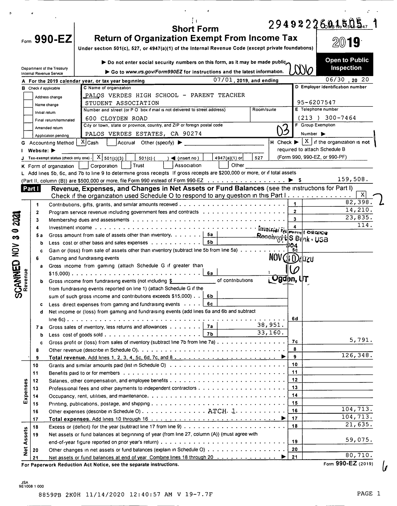 Image of first page of 2019 Form 990EZ for California State PTA - Palos Verdes High Ptsa