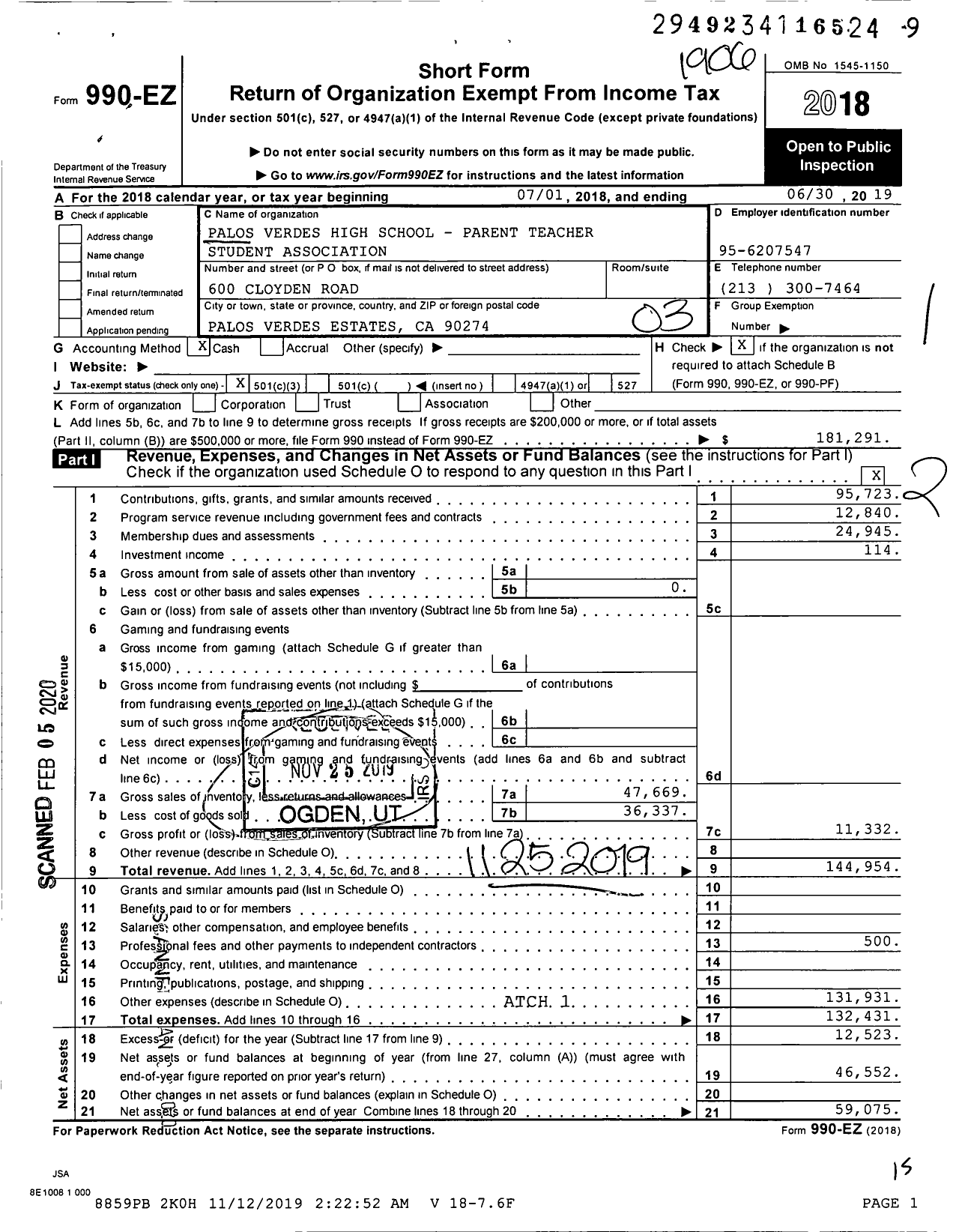 Image of first page of 2018 Form 990EZ for California State PTA - Palos Verdes High Ptsa