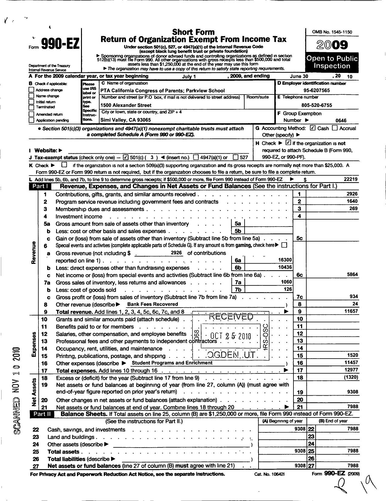 Image of first page of 2009 Form 990EZ for California State PTA - Park View Elementary PTA