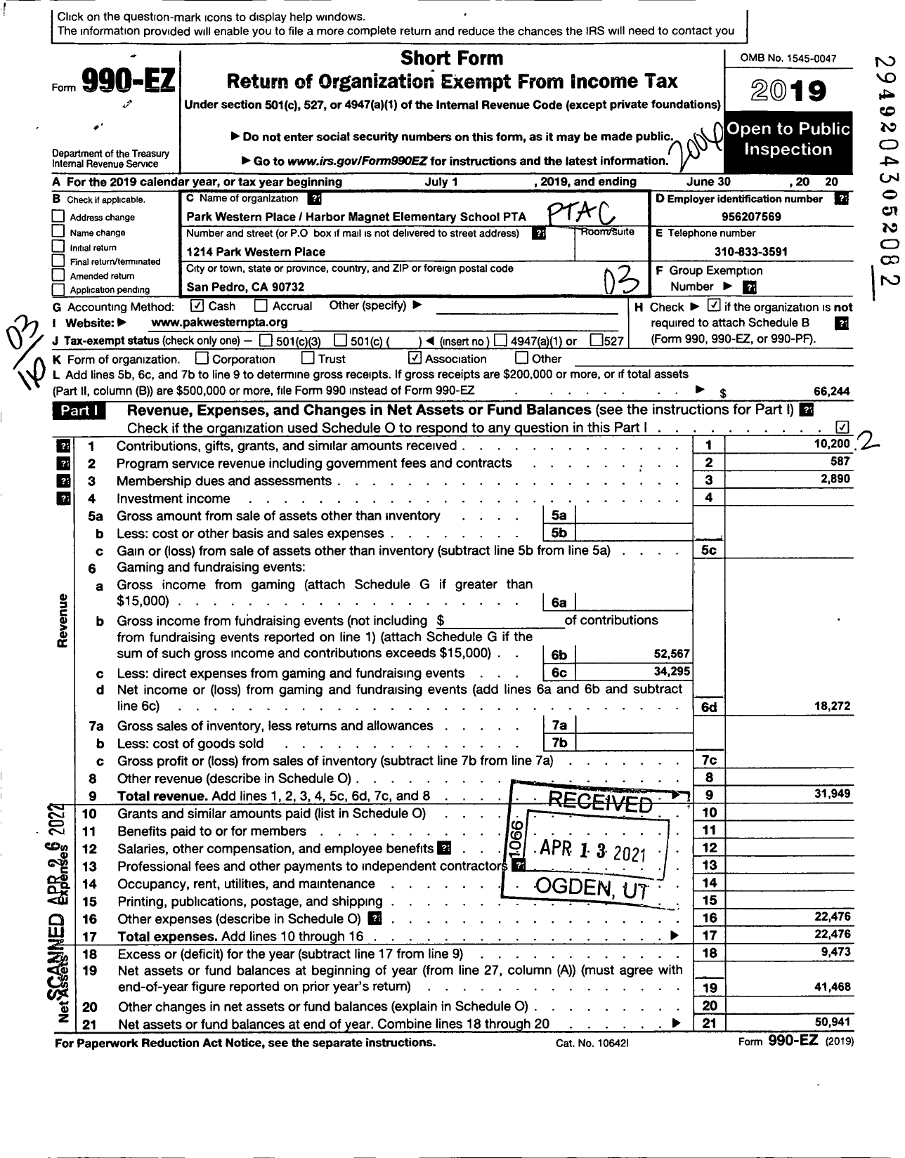 Image of first page of 2019 Form 990EZ for California State PTA - Park Western Harbor Magnet Elem PTA