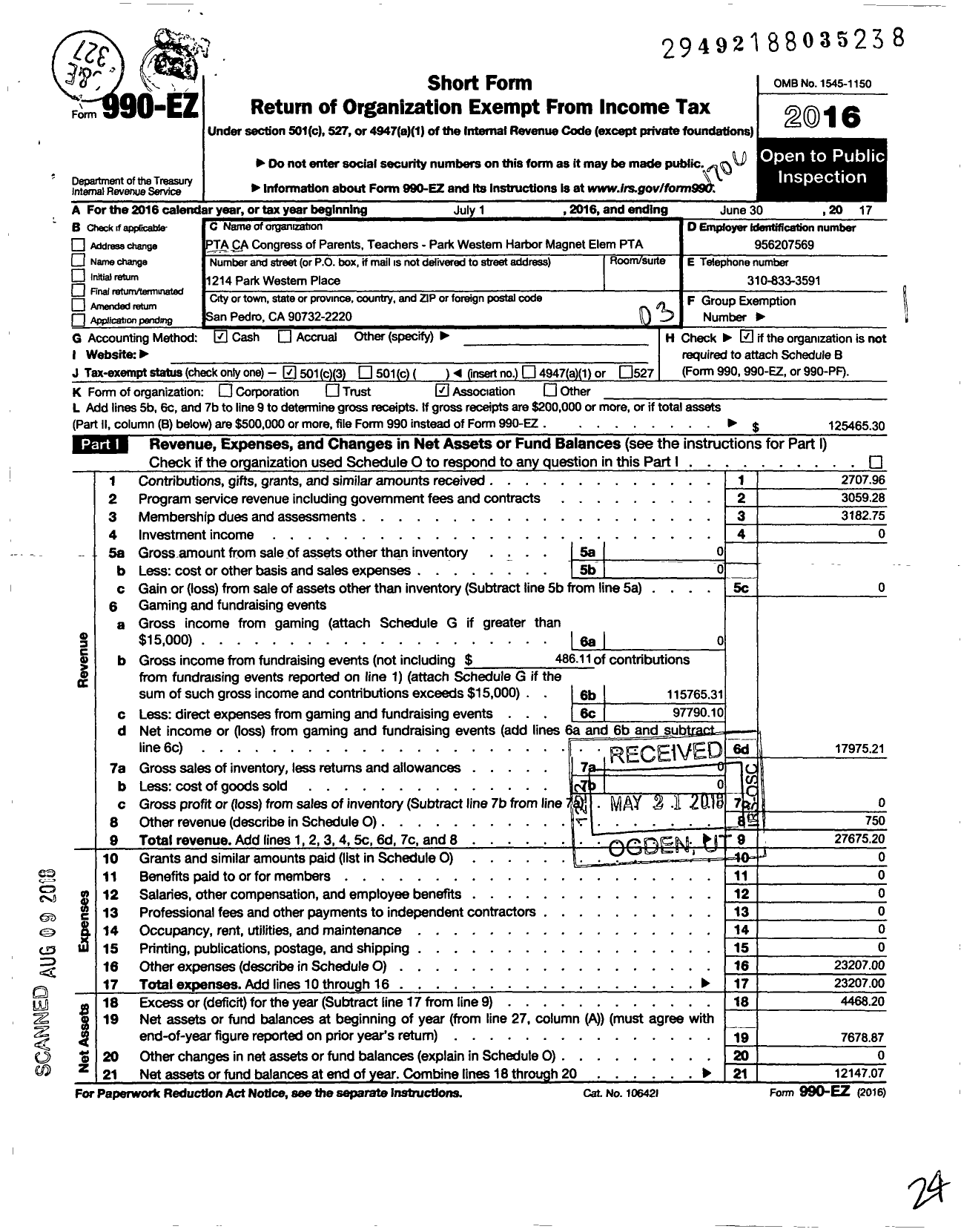 Image of first page of 2016 Form 990EZ for California State PTA - Park Western Harbor Magnet Elem PTA