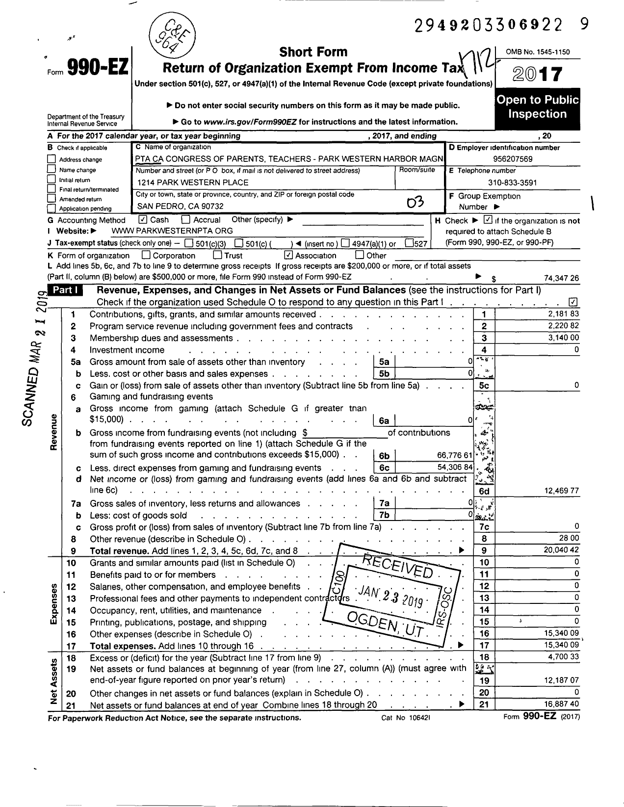 Image of first page of 2017 Form 990EZ for California State PTA - Park Western Harbor Magnet Elem PTA