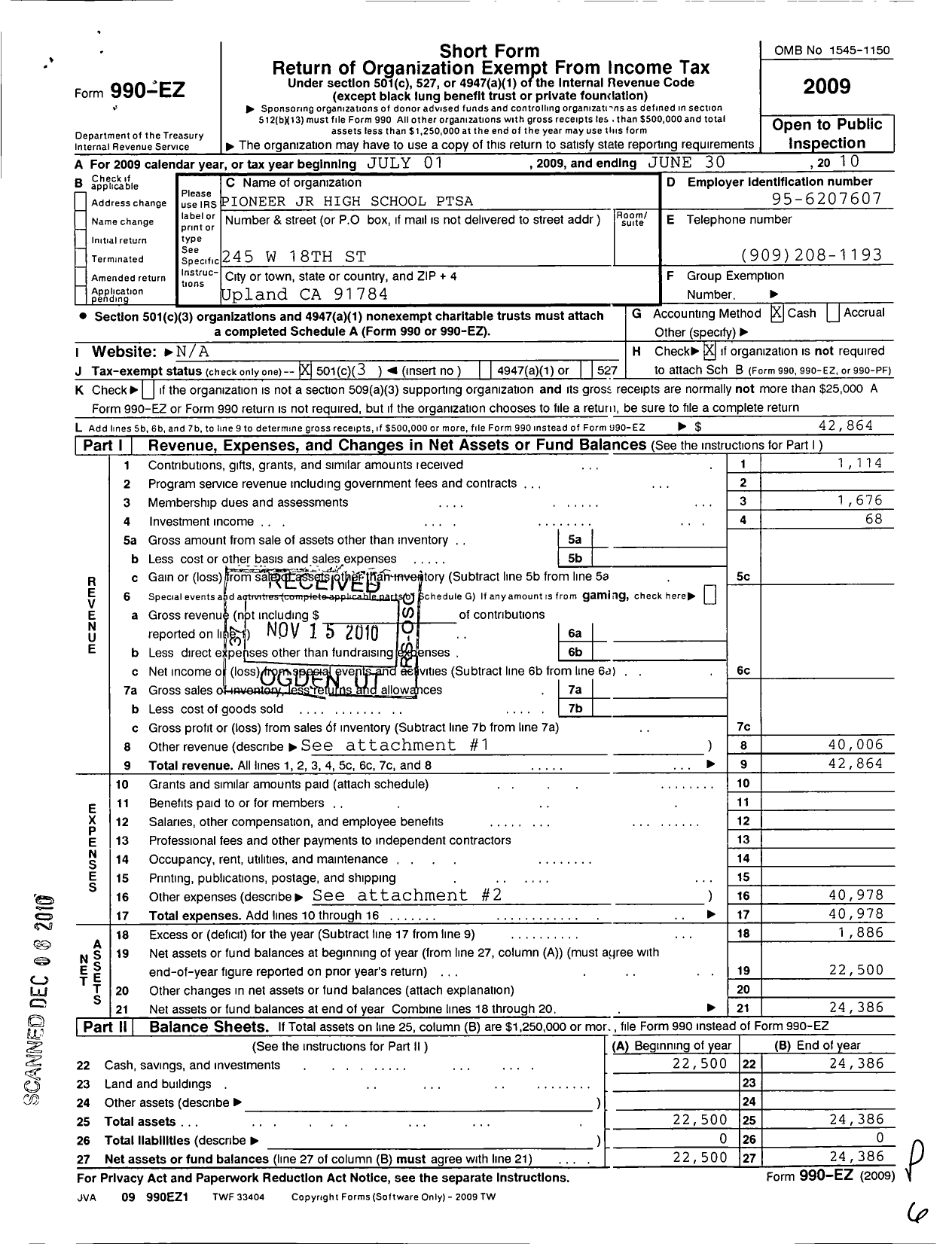 Image of first page of 2009 Form 990EZ for California State PTA - Pioneer Junior High Ptsa