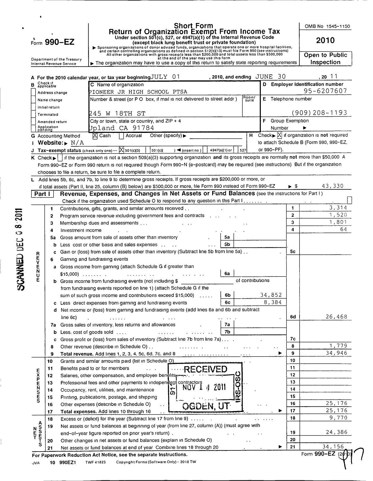 Image of first page of 2010 Form 990EZ for California State PTA - Pioneer Junior High Ptsa