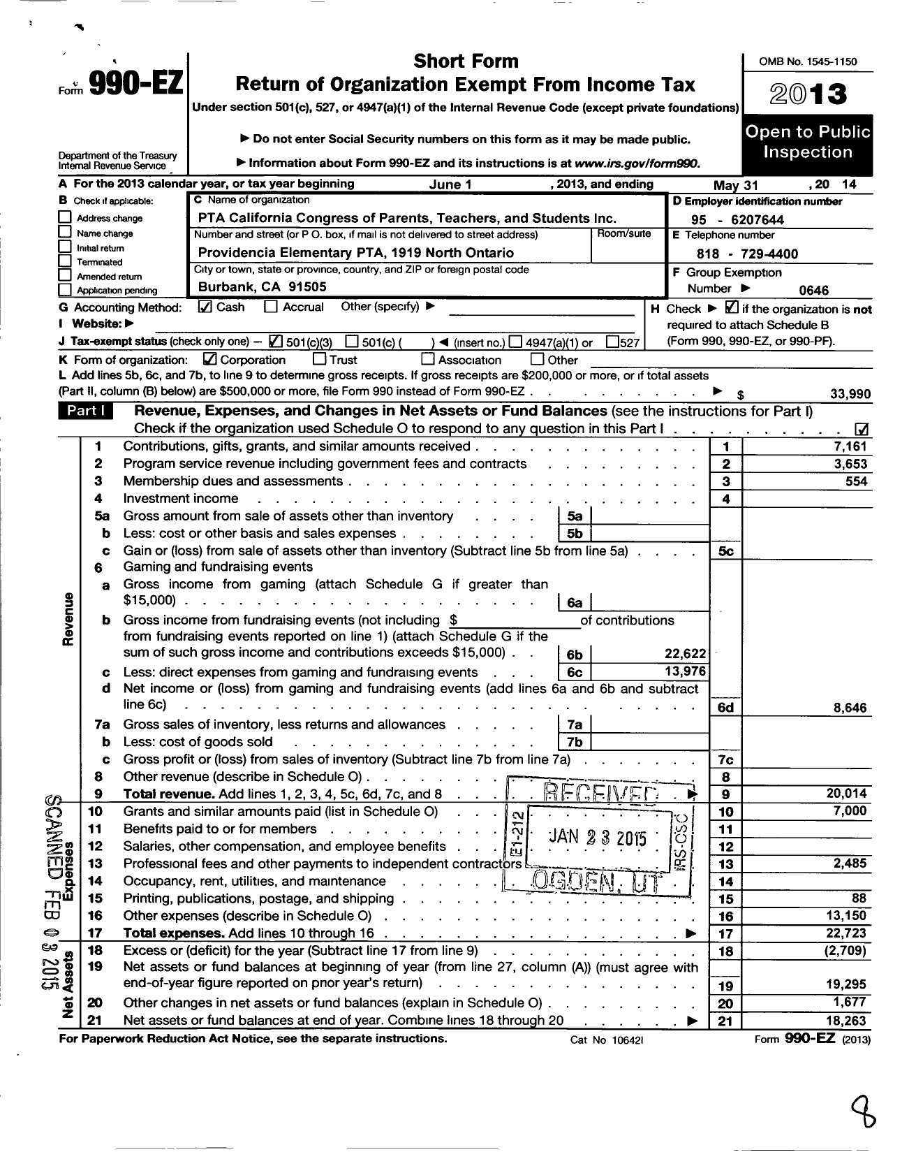 Image of first page of 2013 Form 990EZ for California State PTA - Providencial Elementary PTA