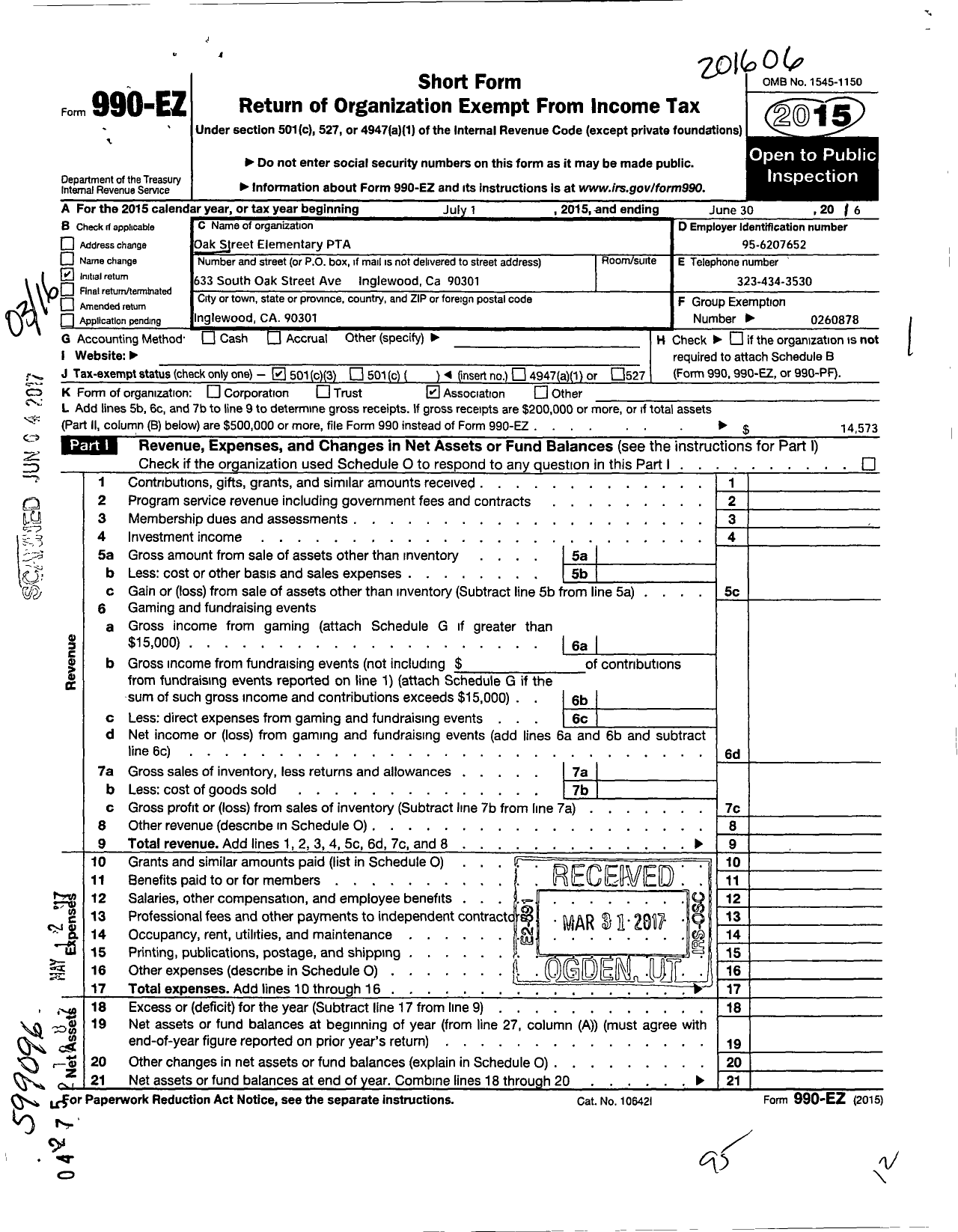 Image of first page of 2015 Form 990EZ for California State PTA - Oak Street Elementary PTA