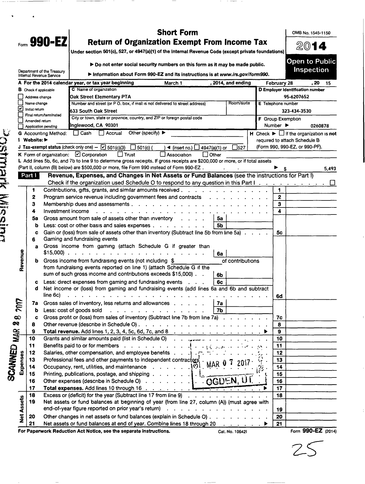 Image of first page of 2014 Form 990EZ for California State PTA - Oak Street Elementary PTA