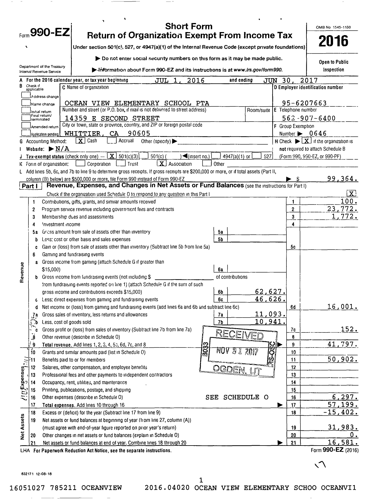 Image of first page of 2016 Form 990EZ for California State PTA - Ocean View PTA