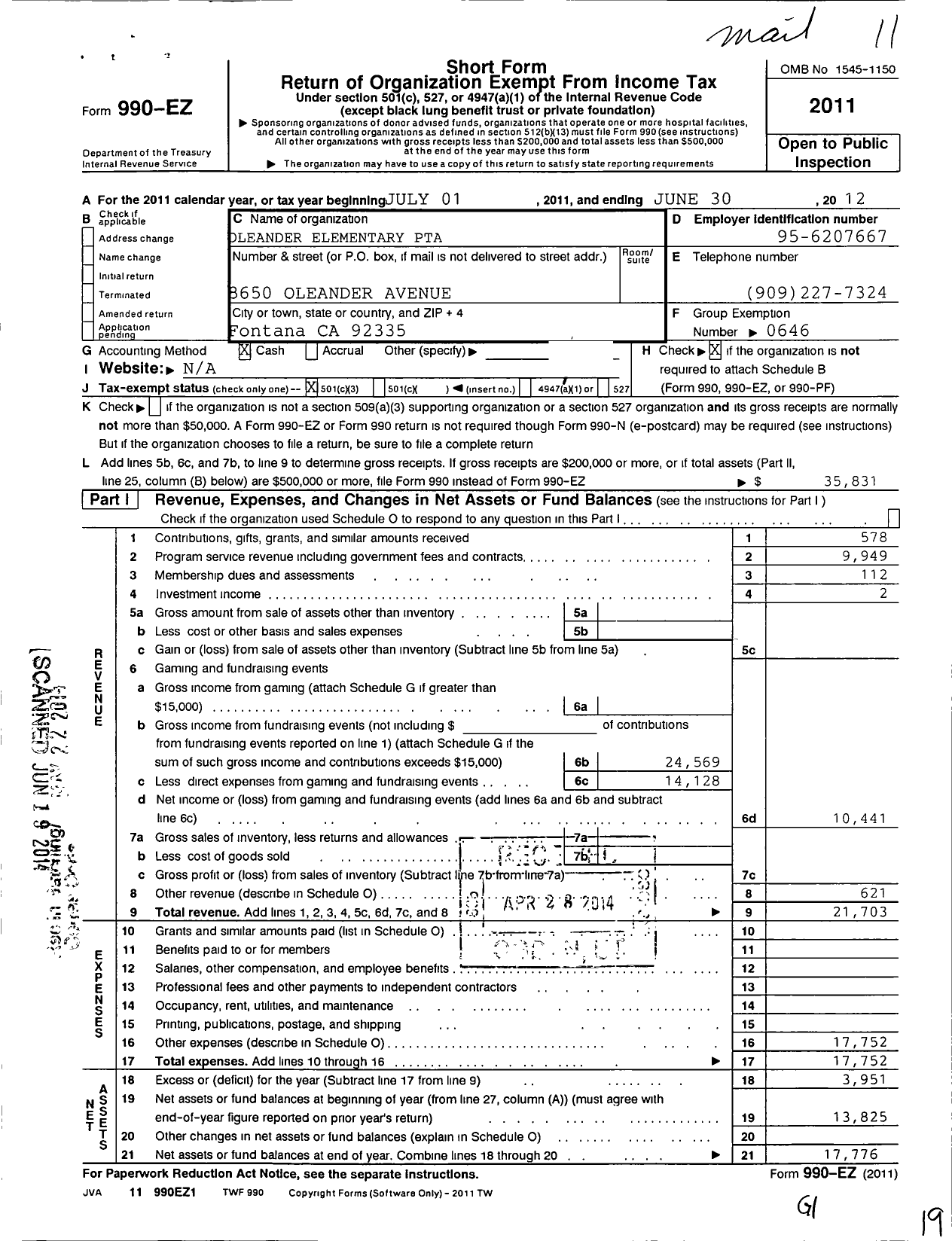 Image of first page of 2011 Form 990EZ for California State PTA - Oleander Elementary PTA