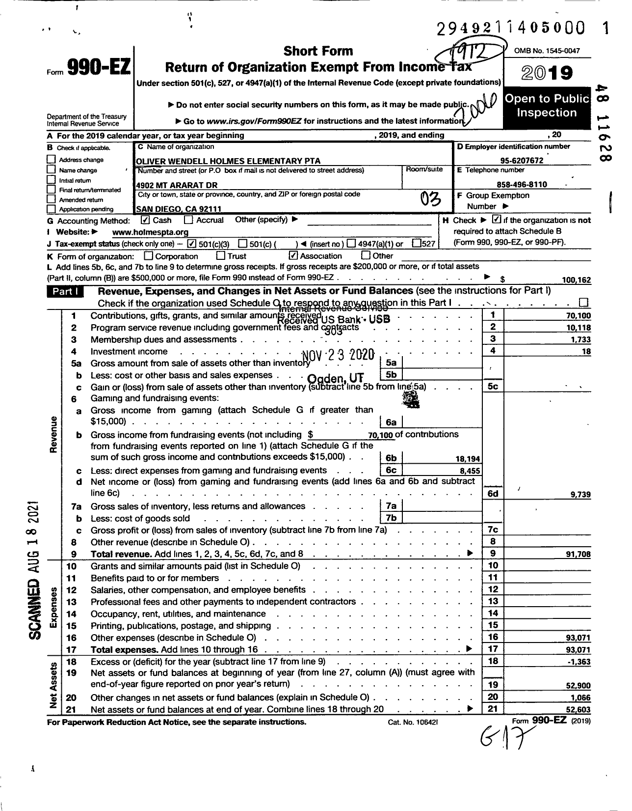 Image of first page of 2019 Form 990EZ for California State PTA - Parent Teacher Assos