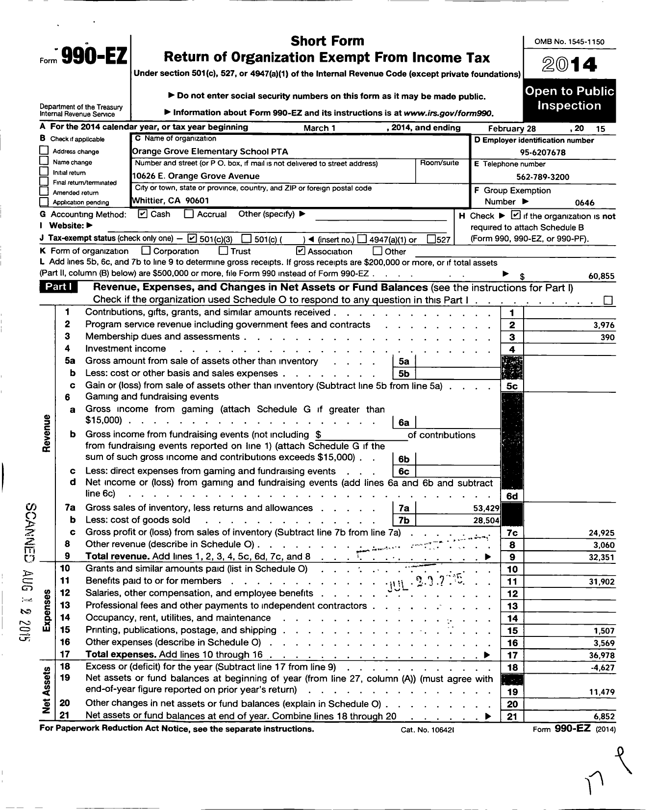 Image of first page of 2014 Form 990EZ for California State PTA - Orange Grove PTA