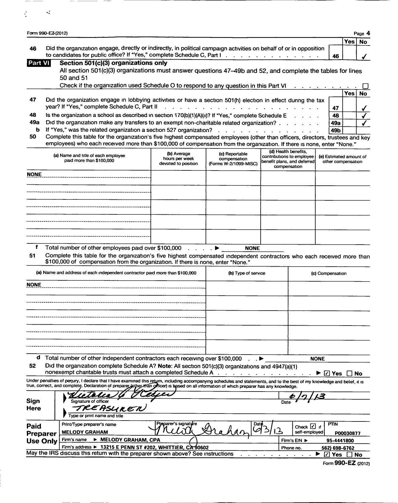 Image of first page of 2012 Form 990EZ for California State PTA - Orange Grove PTA