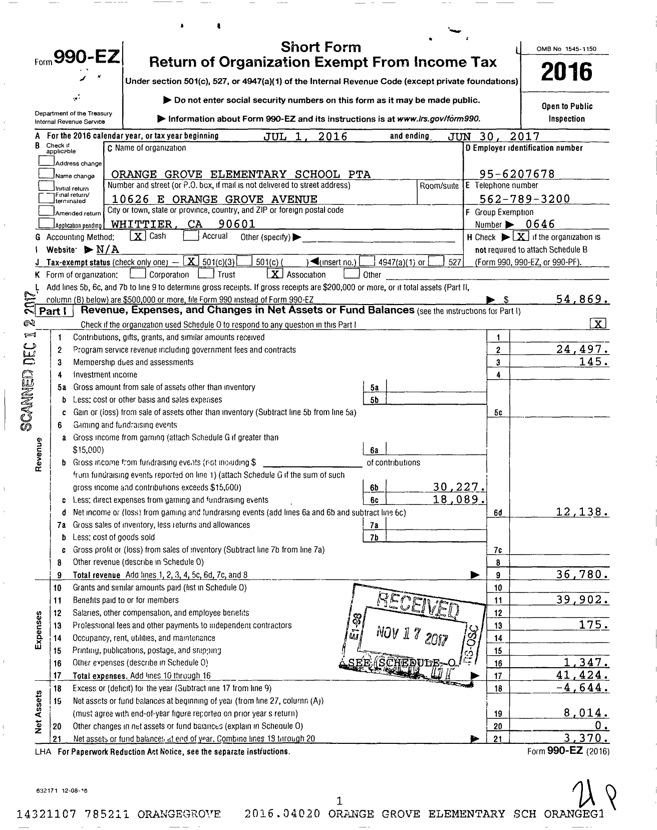 Image of first page of 2016 Form 990EZ for California State PTA - Orange Grove PTA