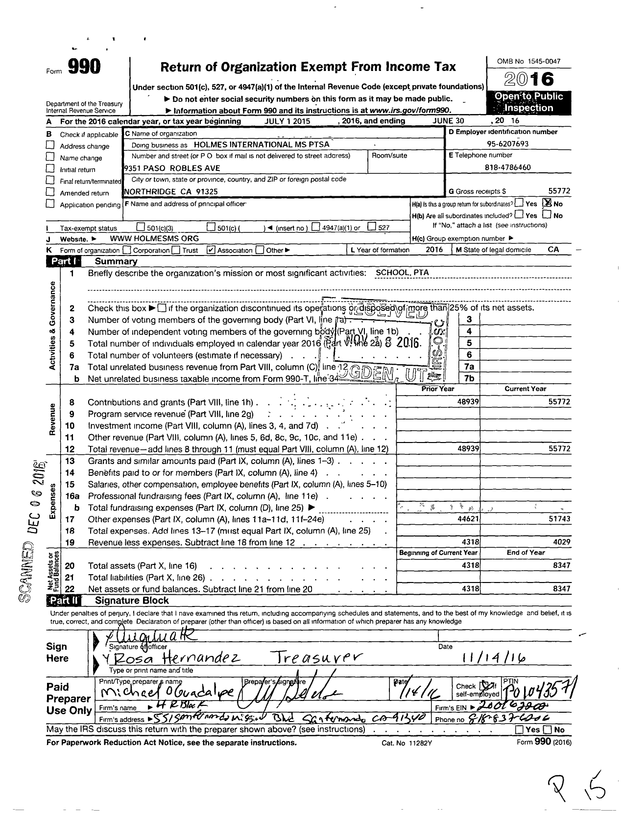 Image of first page of 2015 Form 990O for California State PTA - Holmes International M S Ptsa