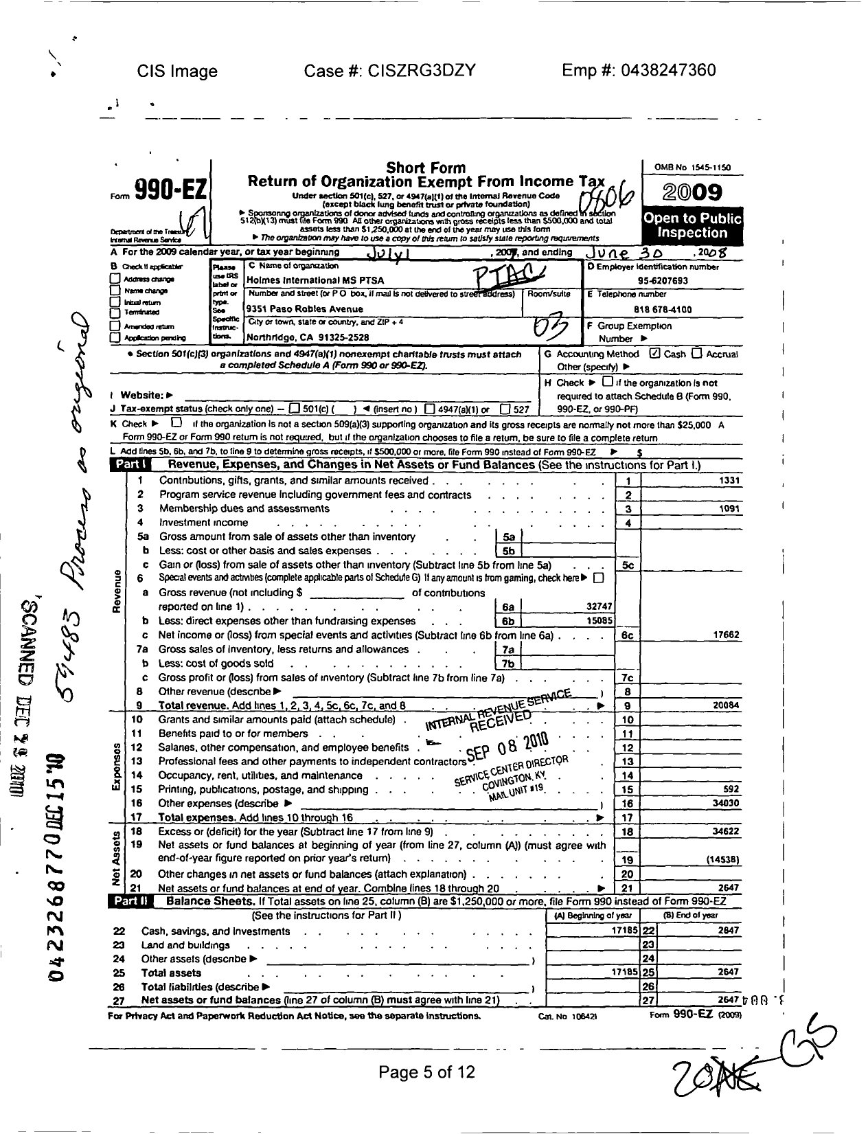 Image of first page of 2007 Form 990EZ for California State PTA - Holmes International M S Ptsa