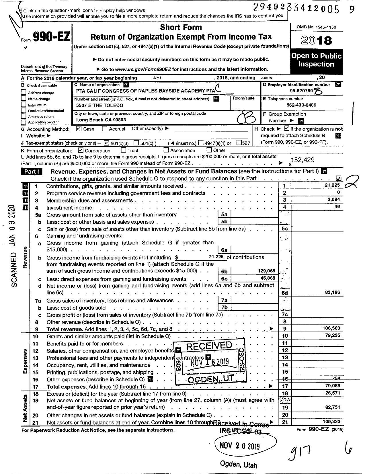 Image of first page of 2018 Form 990EZ for California State PTA - Naples Bayside Academy PTA