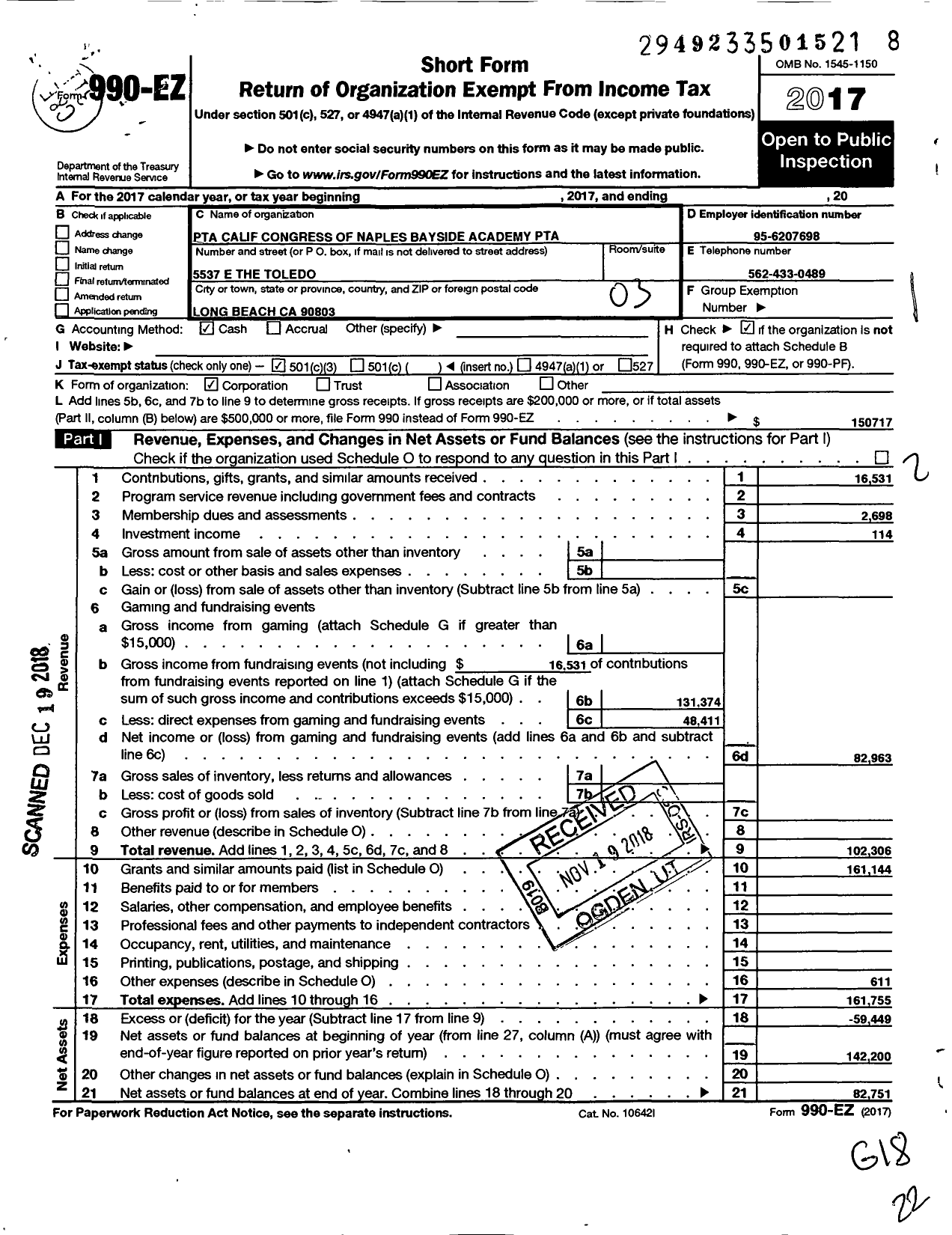 Image of first page of 2017 Form 990EZ for California State PTA - Naples Bayside Academy PTA