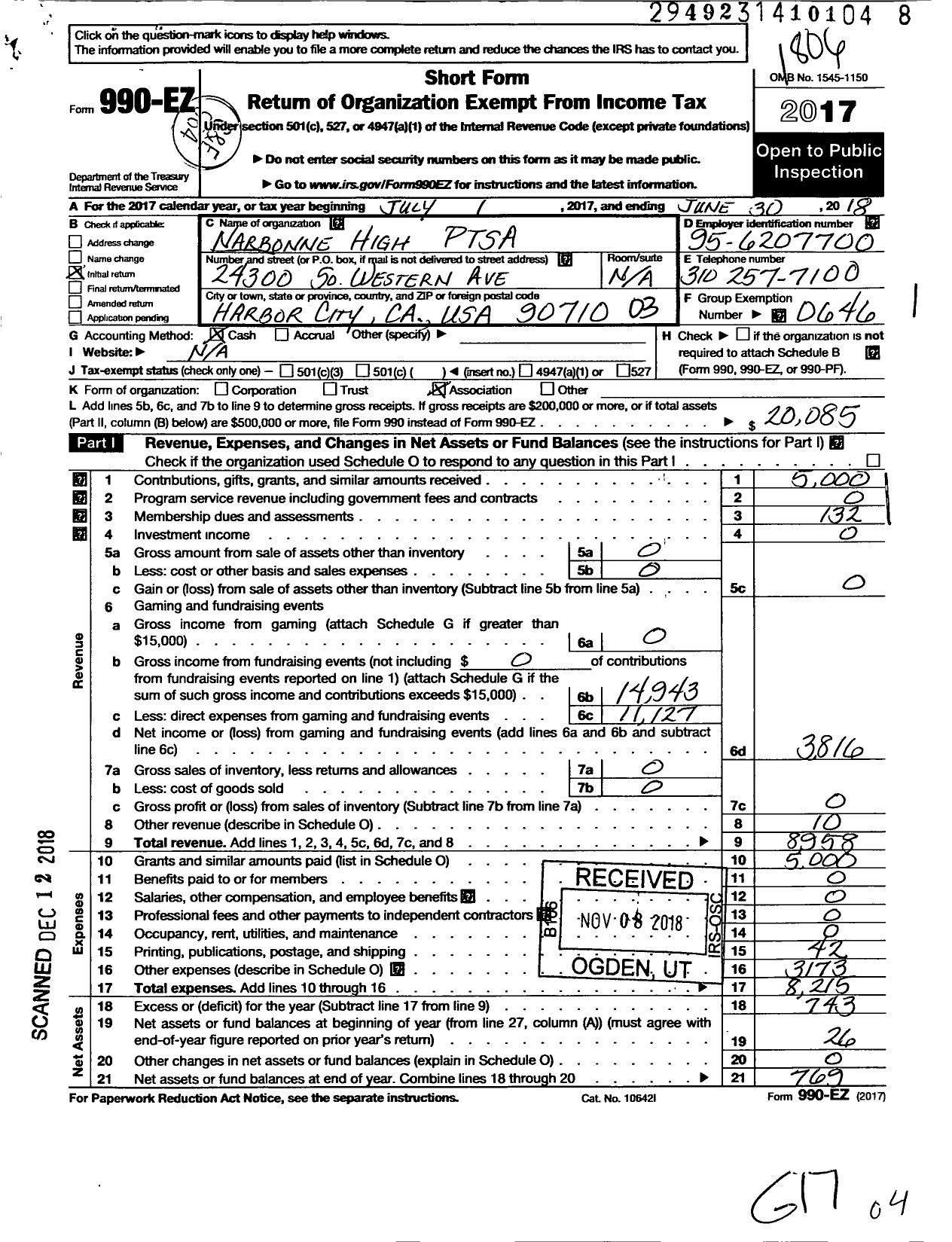 Image of first page of 2017 Form 990EZ for California State PTA - Narbonne High School Ptsa