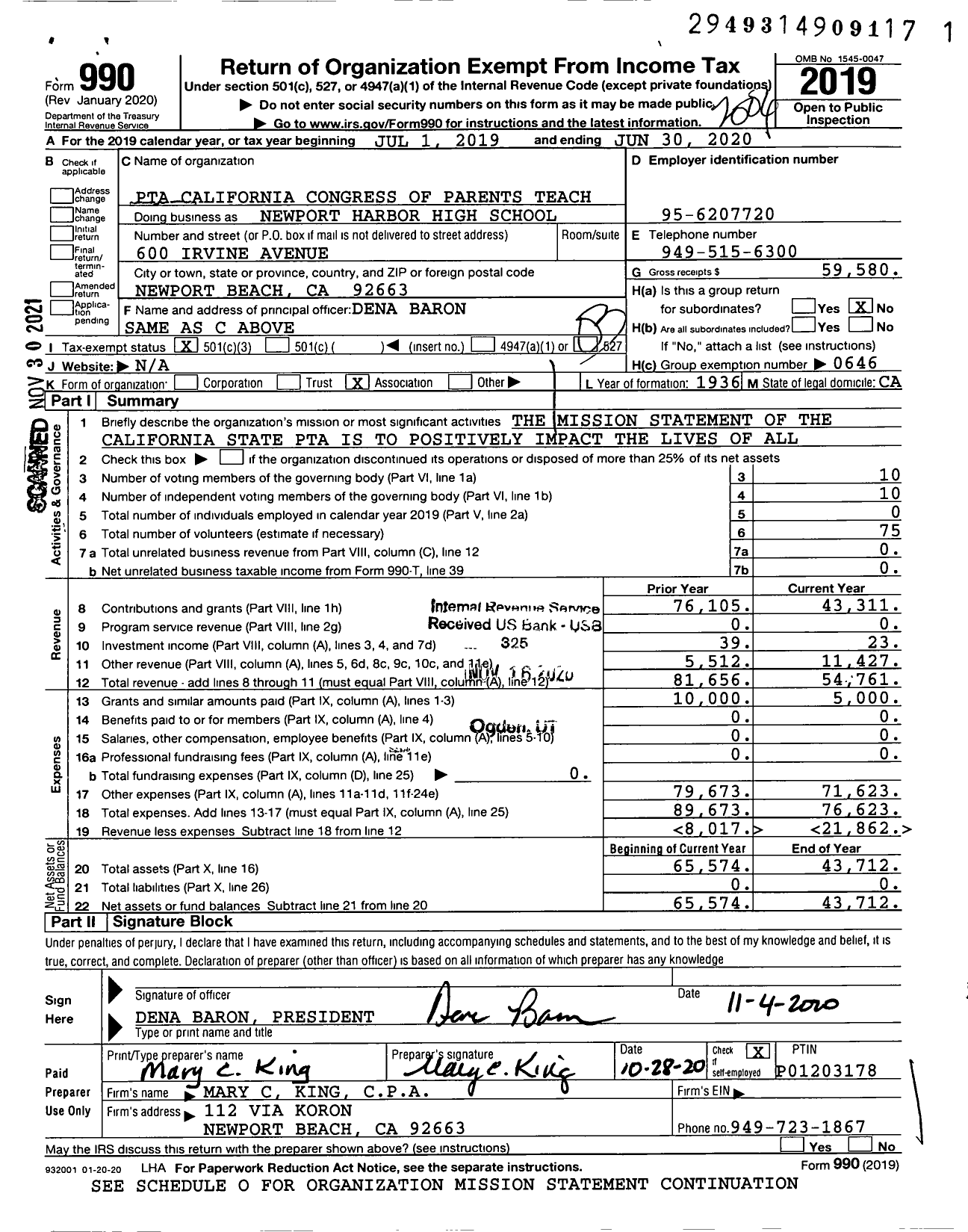 Image of first page of 2019 Form 990 for California State PTA - Newport Harbor High School PTA